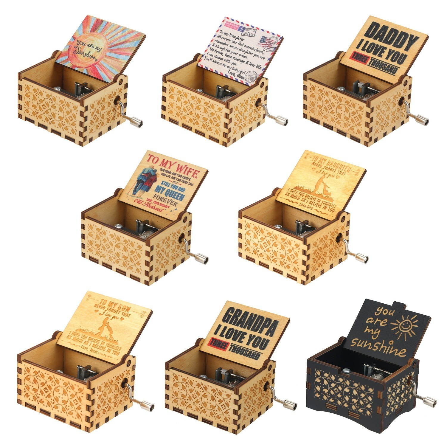 Vintage Wooden Music Box Hand Crank Music Case Carved Engraving Children Toy Christmas Festival Presents