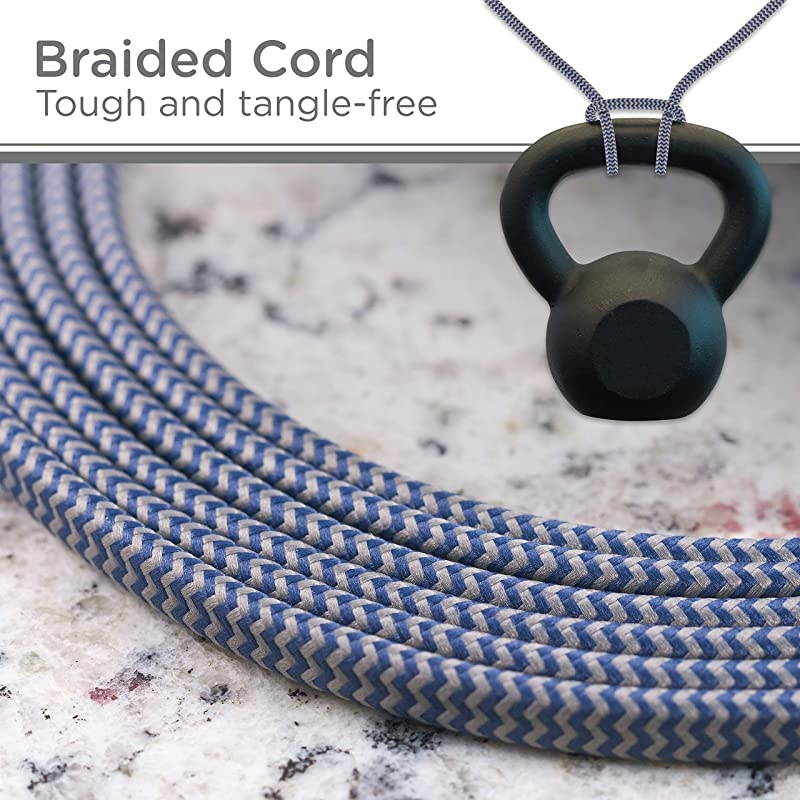 43434T1 NavyGray Designer 3 Extension 2 Prong Power Strip Extra Long 15 Ft Cable with Flat Plug Braided Chevron Fabric Cord SlidetoClose Safety Outlets 43434