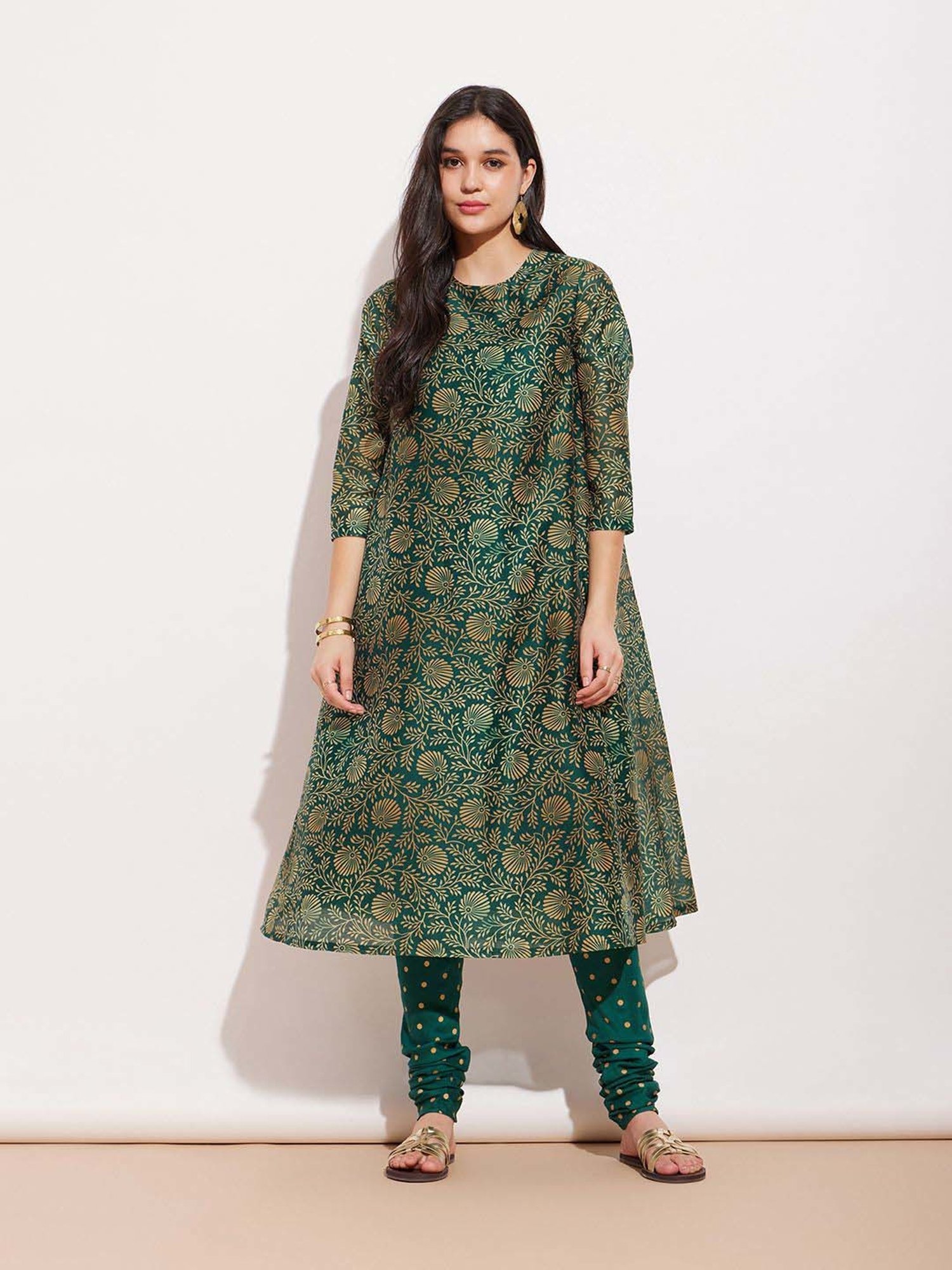 Pink Fort Green Printed A Line Kurta