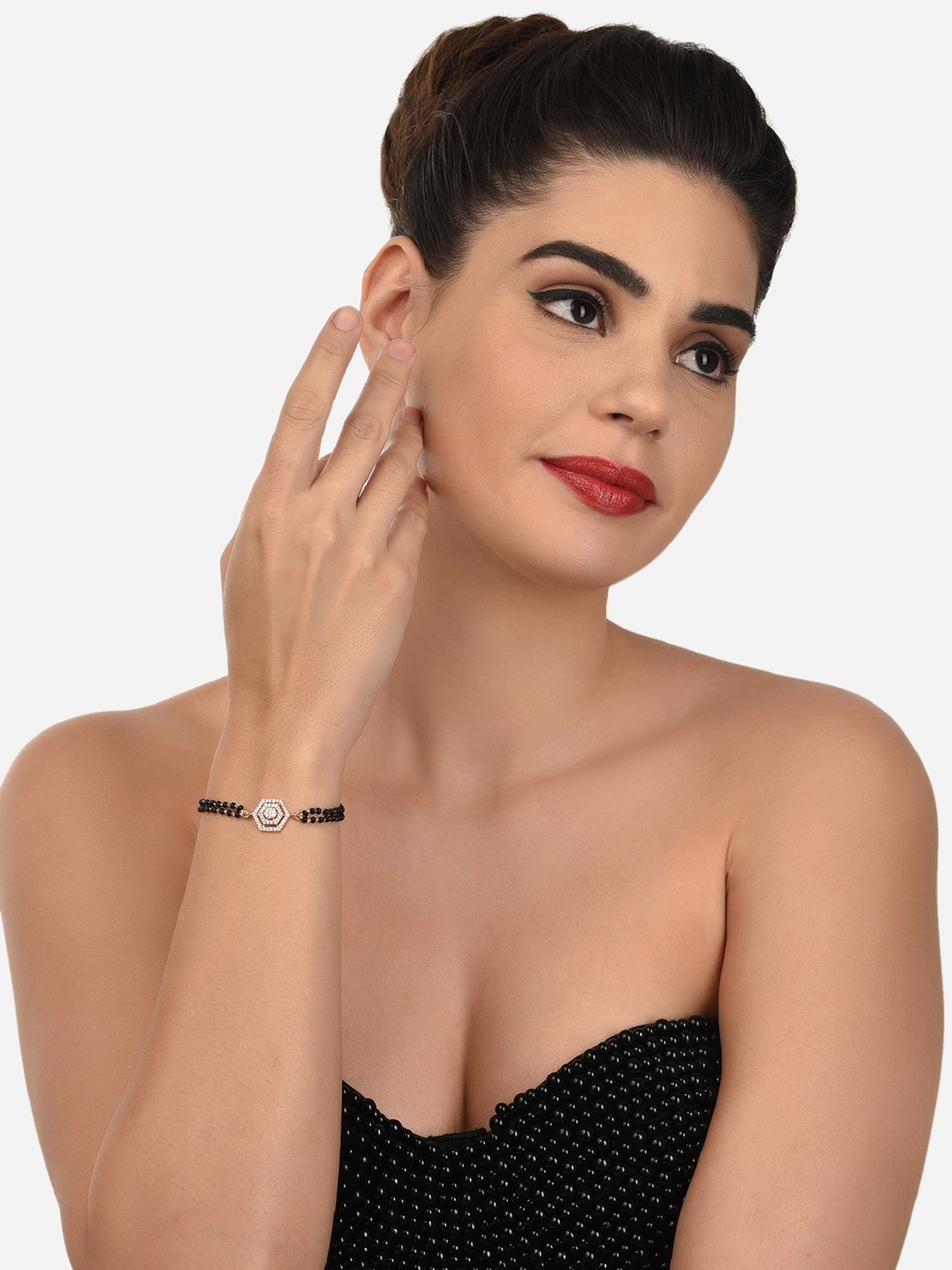 Zaveri Pearls Rose Gold Contemporary Cubic Zirconia Mangalsutra Bracelet-ZPFK12639