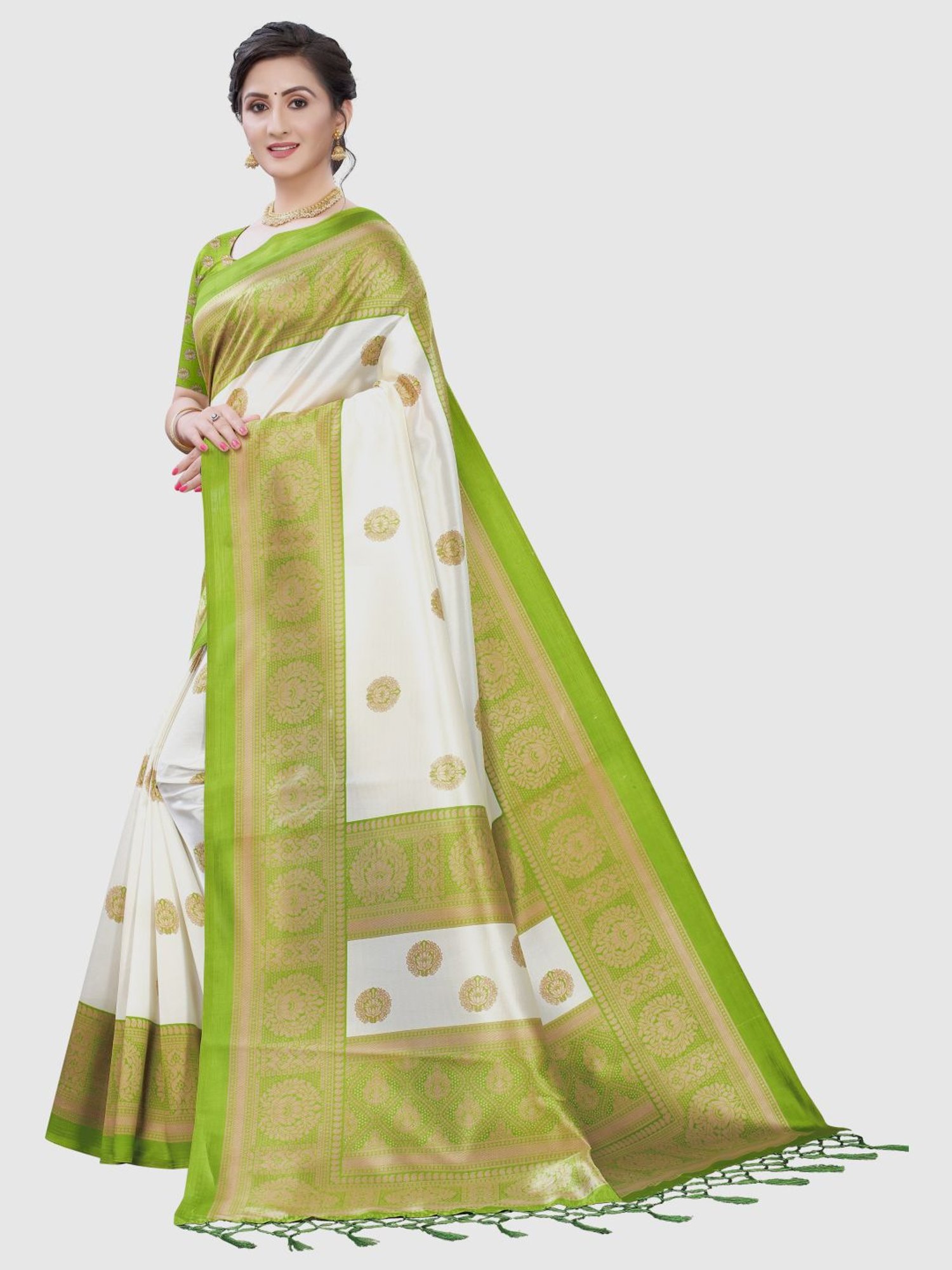 KSUT White & Green Woven Saree With Unstitched Blouse