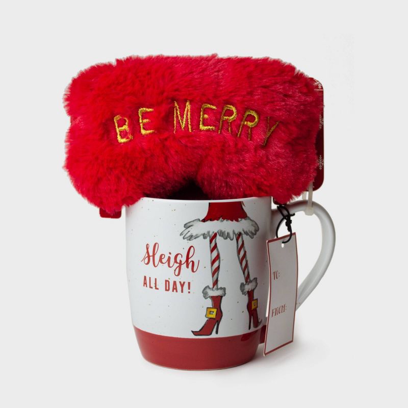 16oz Ceramic Be Merry Mug and Eye Mask Gift Set - Peppermint & Pine