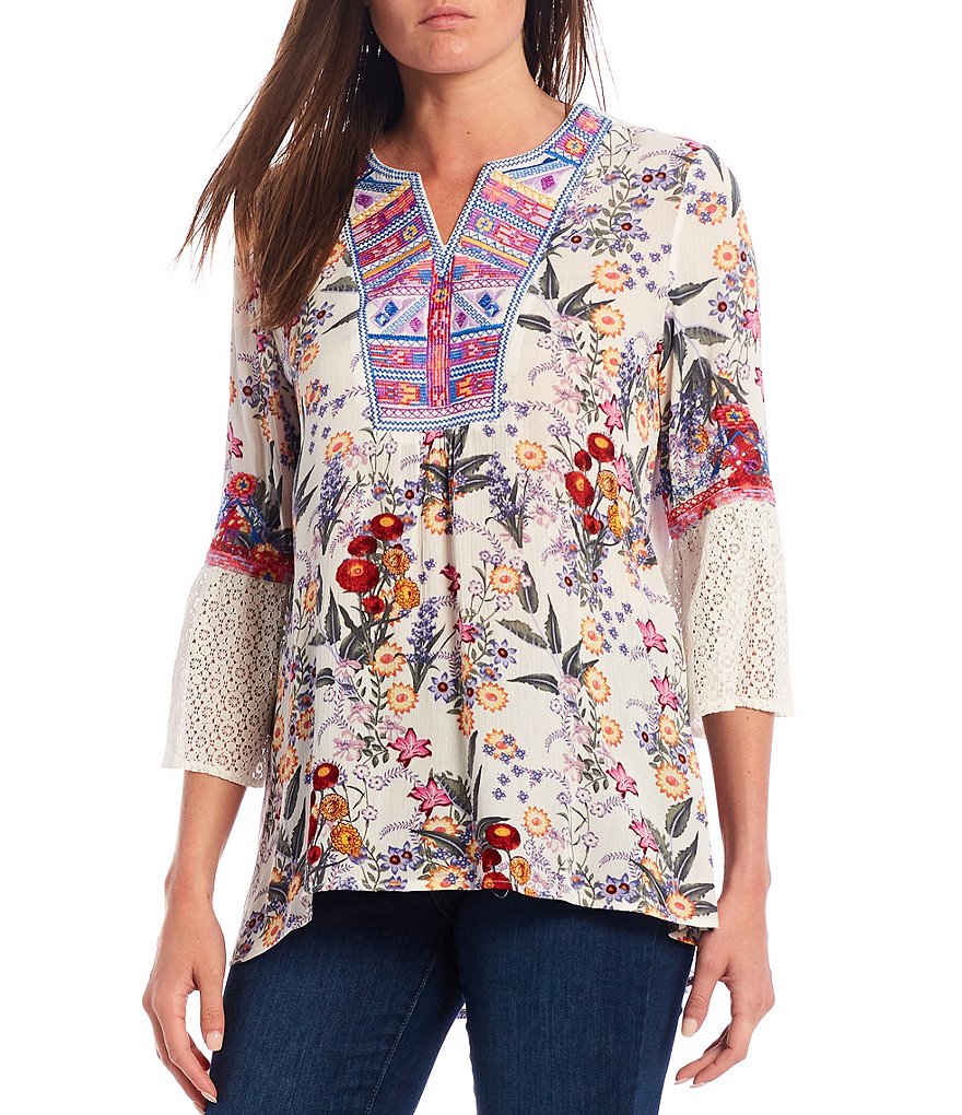 Calessa Embroidered 3/4 Bell Sleeve Floral Split Round Neck Top