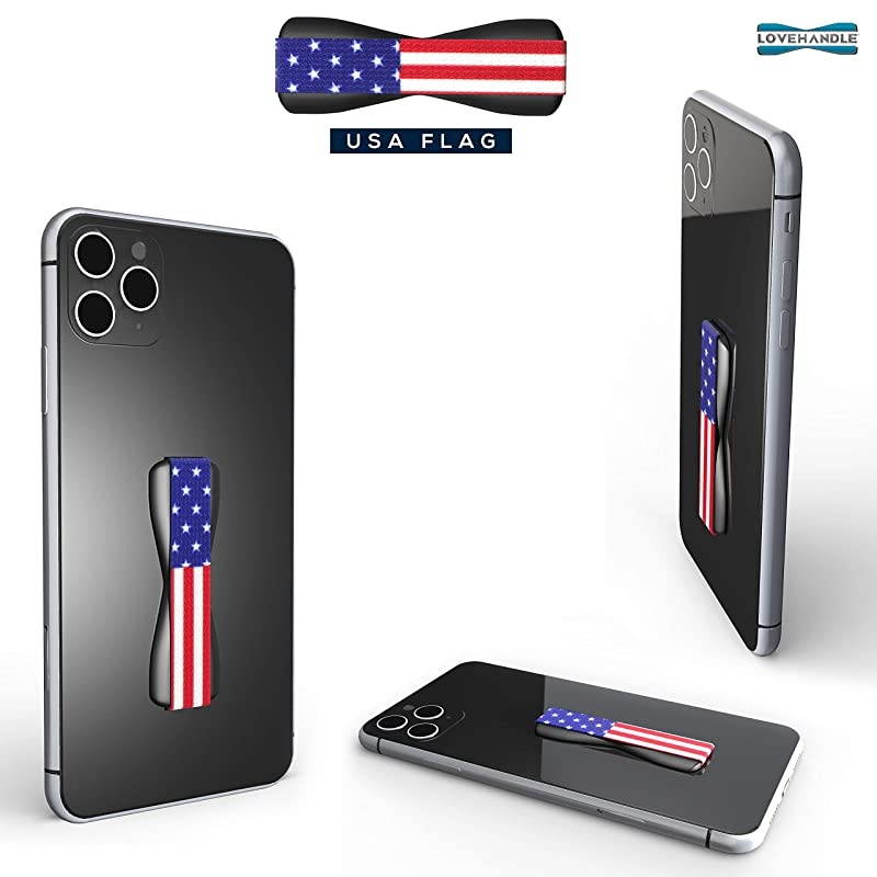 Phone Grip for Most Smartphones and Mini Tablets, USA Flag Design Colored Elastic Strap with Black Base, LH-01USAFlagBlk