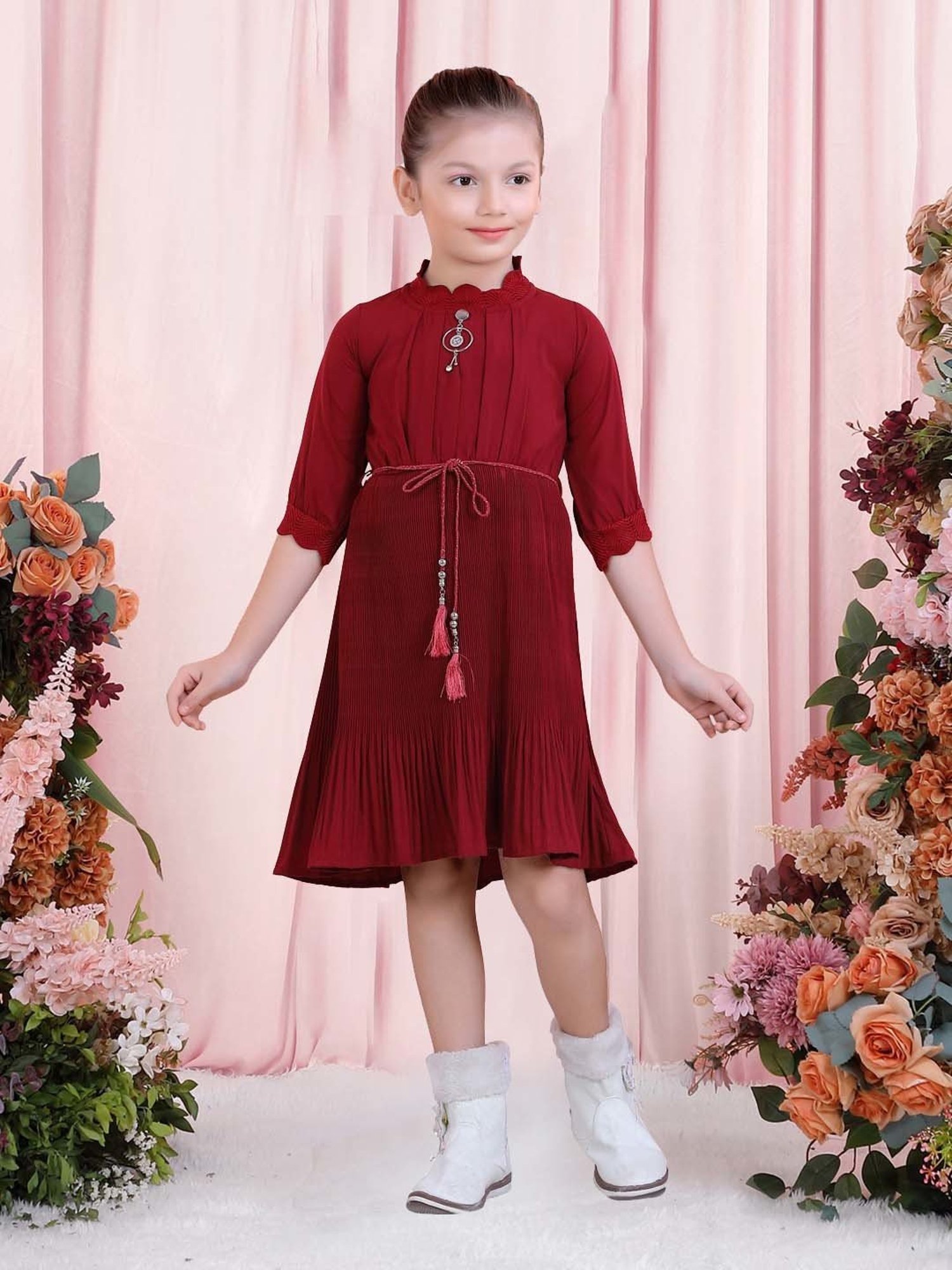 poplins Kids Maroon Cotton Regular Fit Dress