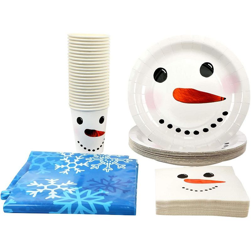 Blue Panda 75 Piece Christmas Snowman Disposable Party Supplies Serves 24 - Banner, Tablecloth, Napkin, Cup & Cutlery