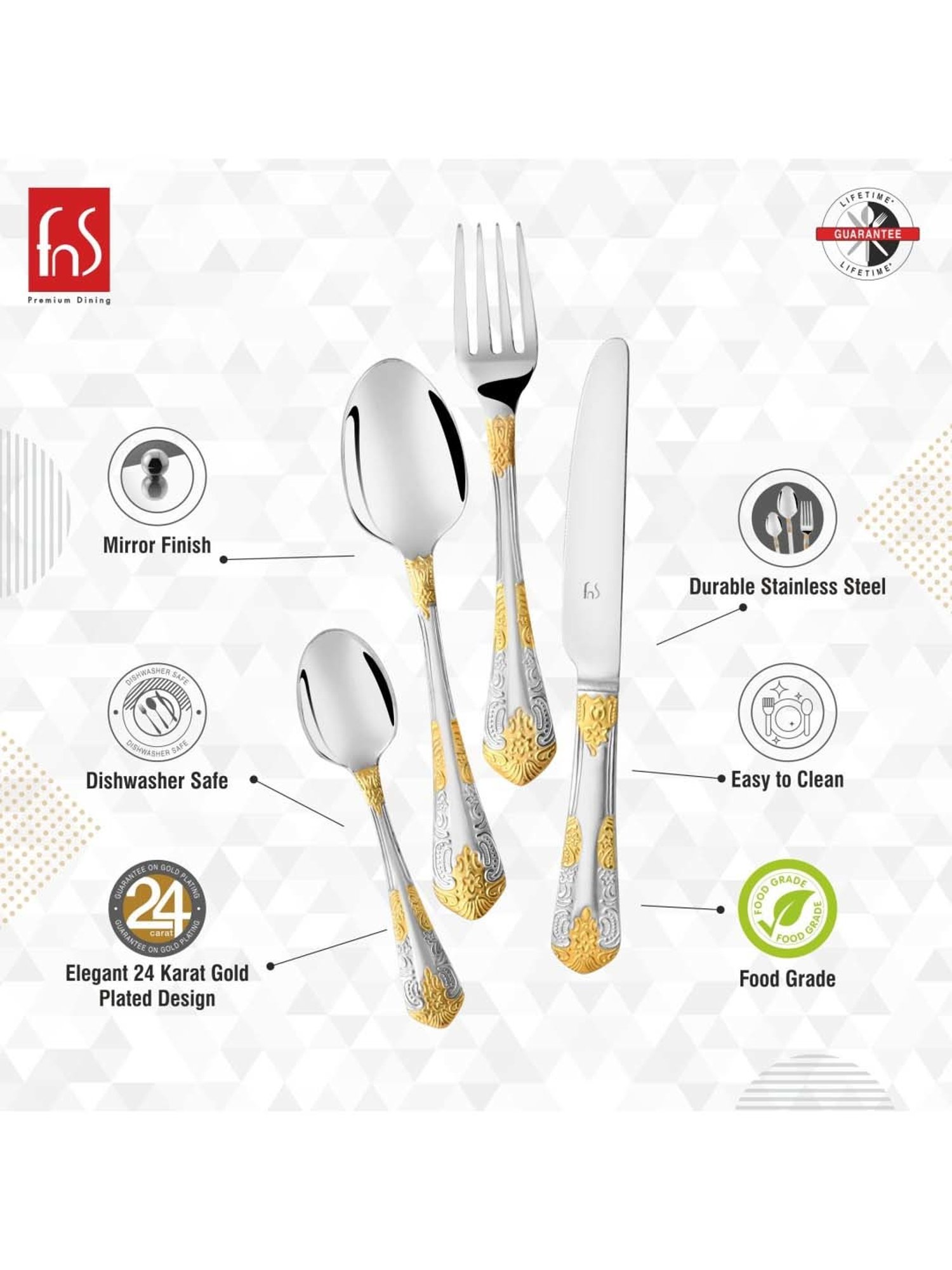 FnS Odyssey Silver & Gold Stainless Steel Cutlery - Set of 24