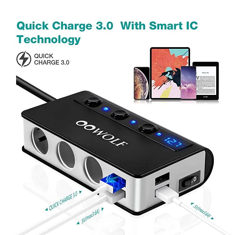 Cigarette Lighter Adapter Quick Charge 3.0 180W 12V/24V 3-Socket Splitter 4 USB Ports Car Power Adapter for GPS, Dash Cam, Sat Nav, Phone, Tablet, etc