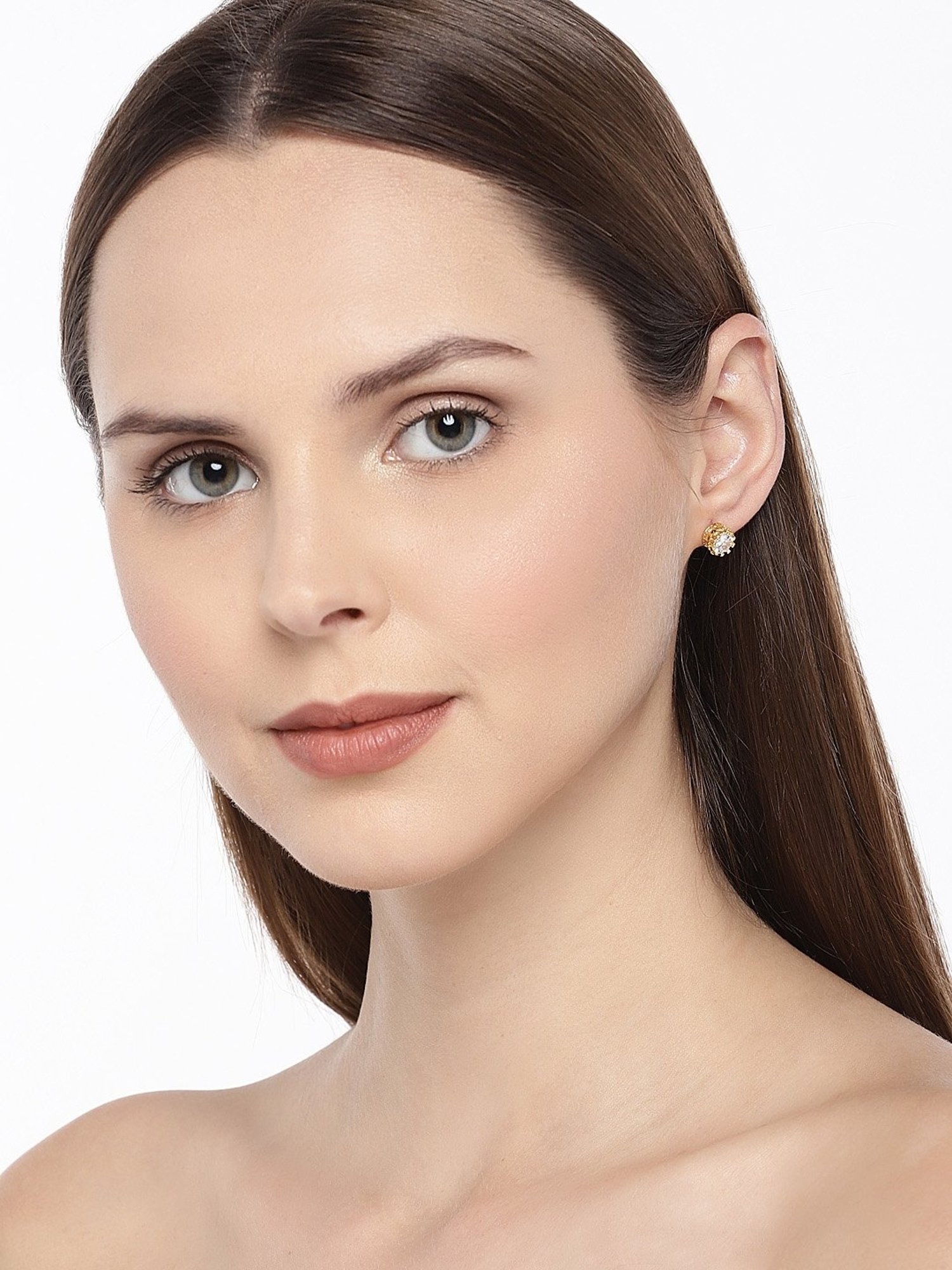 OOMPH Delicate Golden Silver Crown Design Zirconia Stud & Drop Earrings for Women - Set of 2