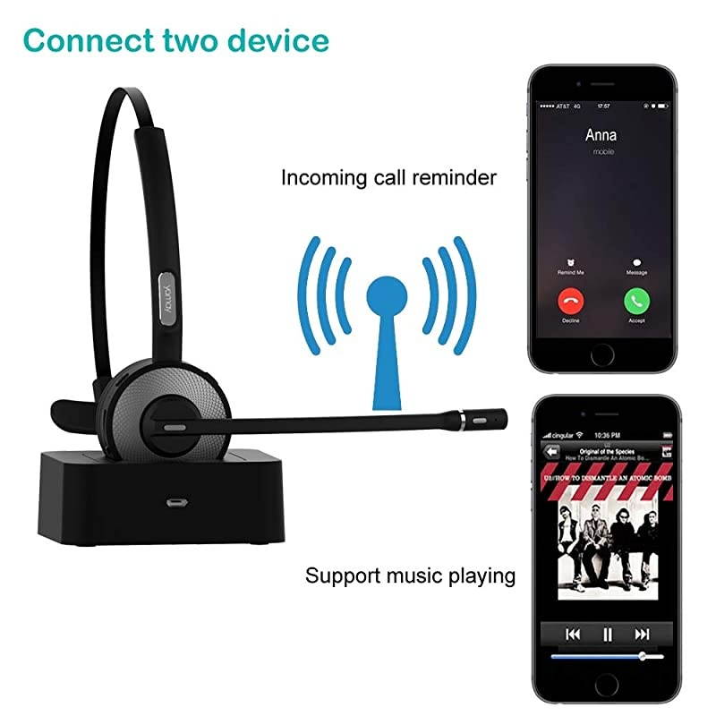 Bluetooth Headset,  Wireless Headset with Microphone (Noise Cancelling Mic) Charging Base Mute Button 19H Clear Talk Time Pro for Truck Driver Office Business Call Center Home Smartphones PC