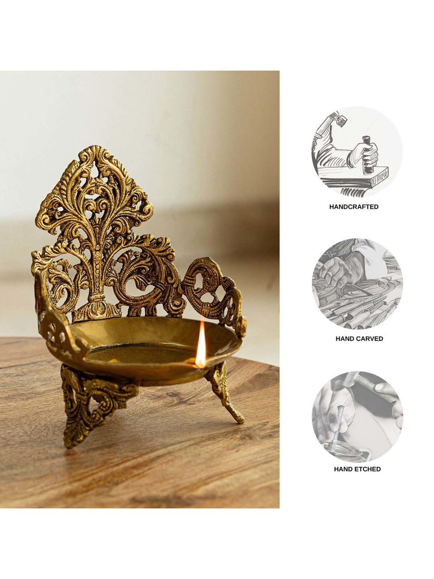 ExclusiveLane Golden Brass Zeenat Three Handcarved Legs 1 Wick Diya