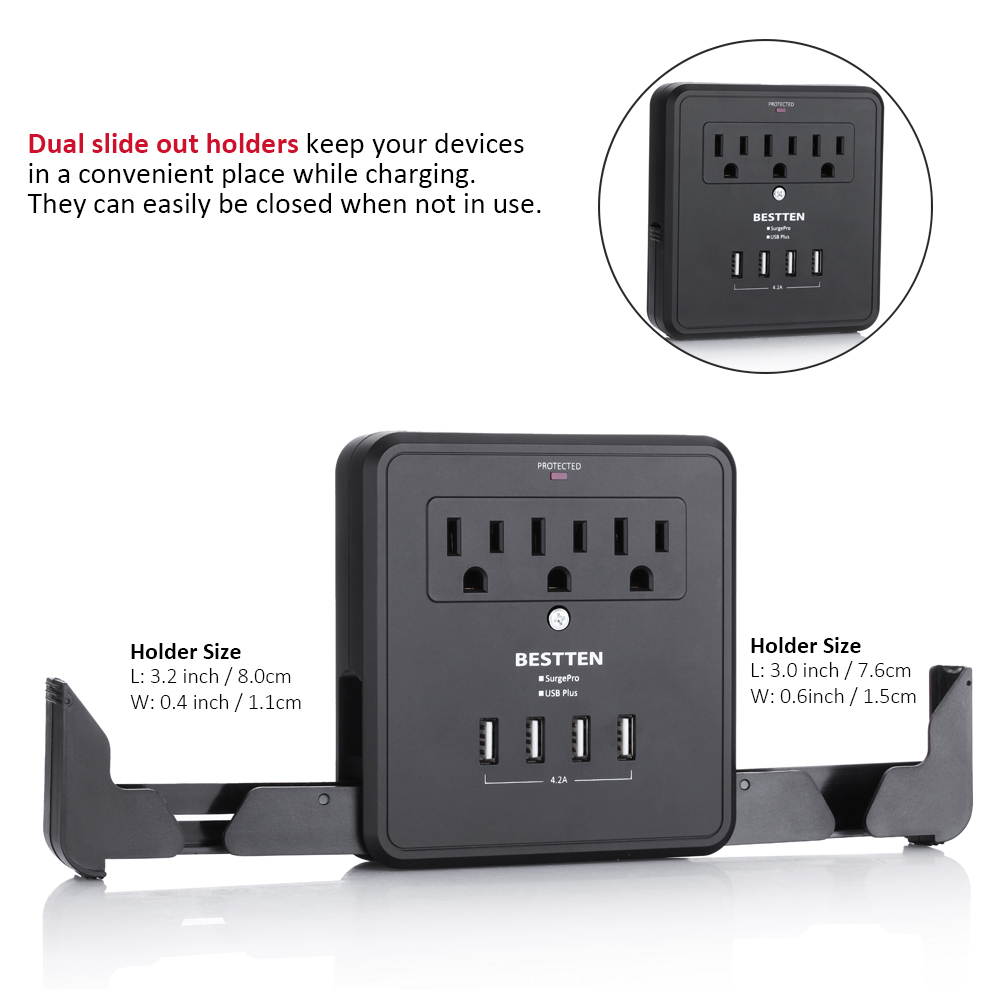 BESTTEN Multi Outlet Wall Tap Adapter Surge Protector with 4 USB Charging Ports (4.2A Total), 3 Outlet Multipliers and 2 Slide-Out Phone Holders, 15A/125V/1875W, ETL Certified, Black
