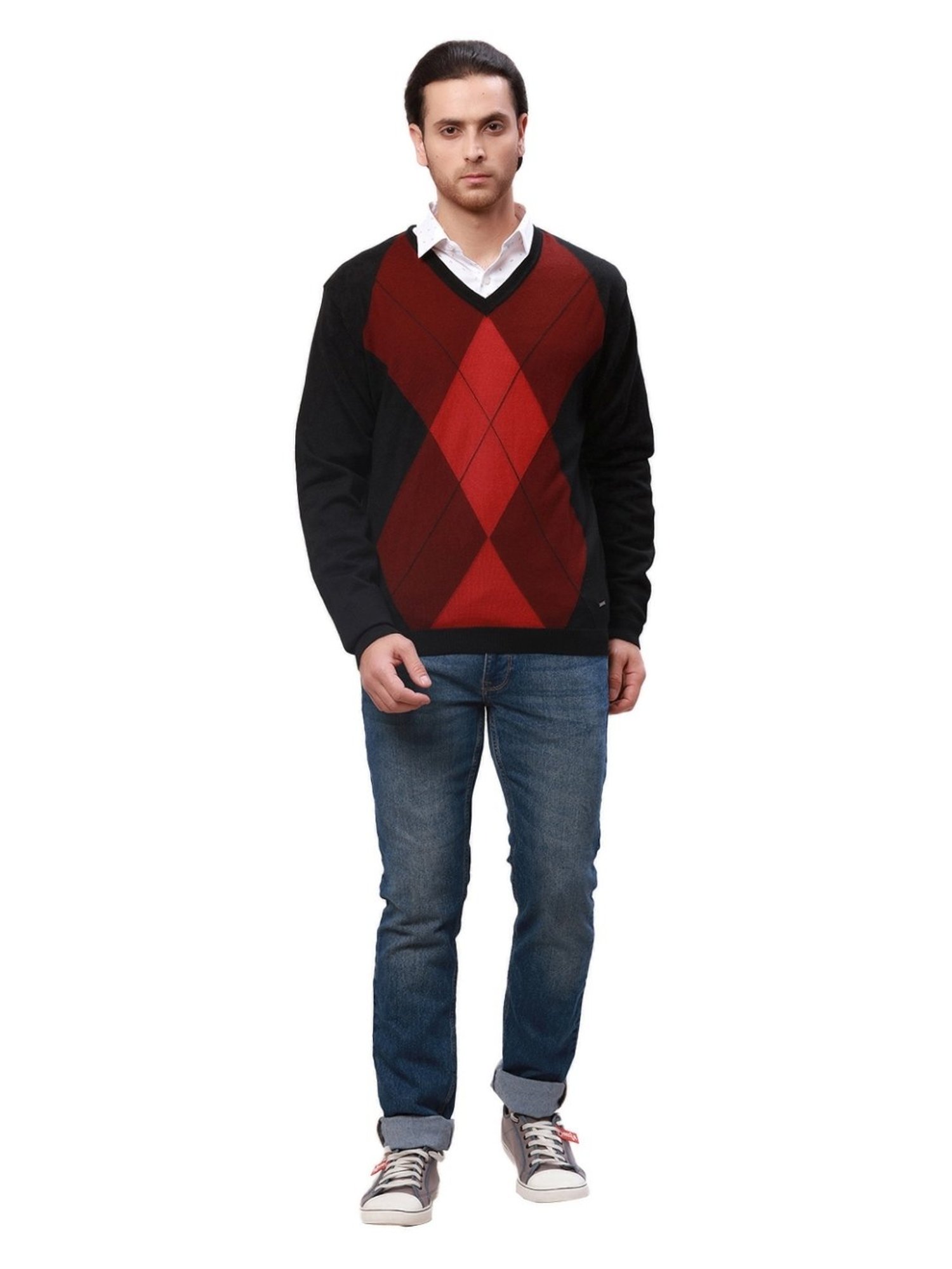 Park Avenue Red Regular Fit Argyle Sweater