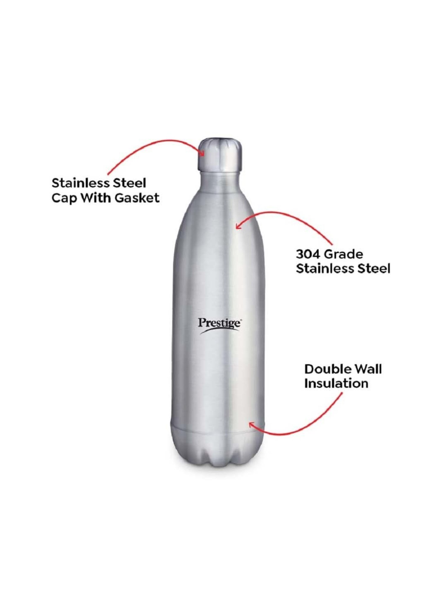 Prestige Silver Stainless Steel Double Wall Insulated Water Bottle (0.75 L) - Set of 1