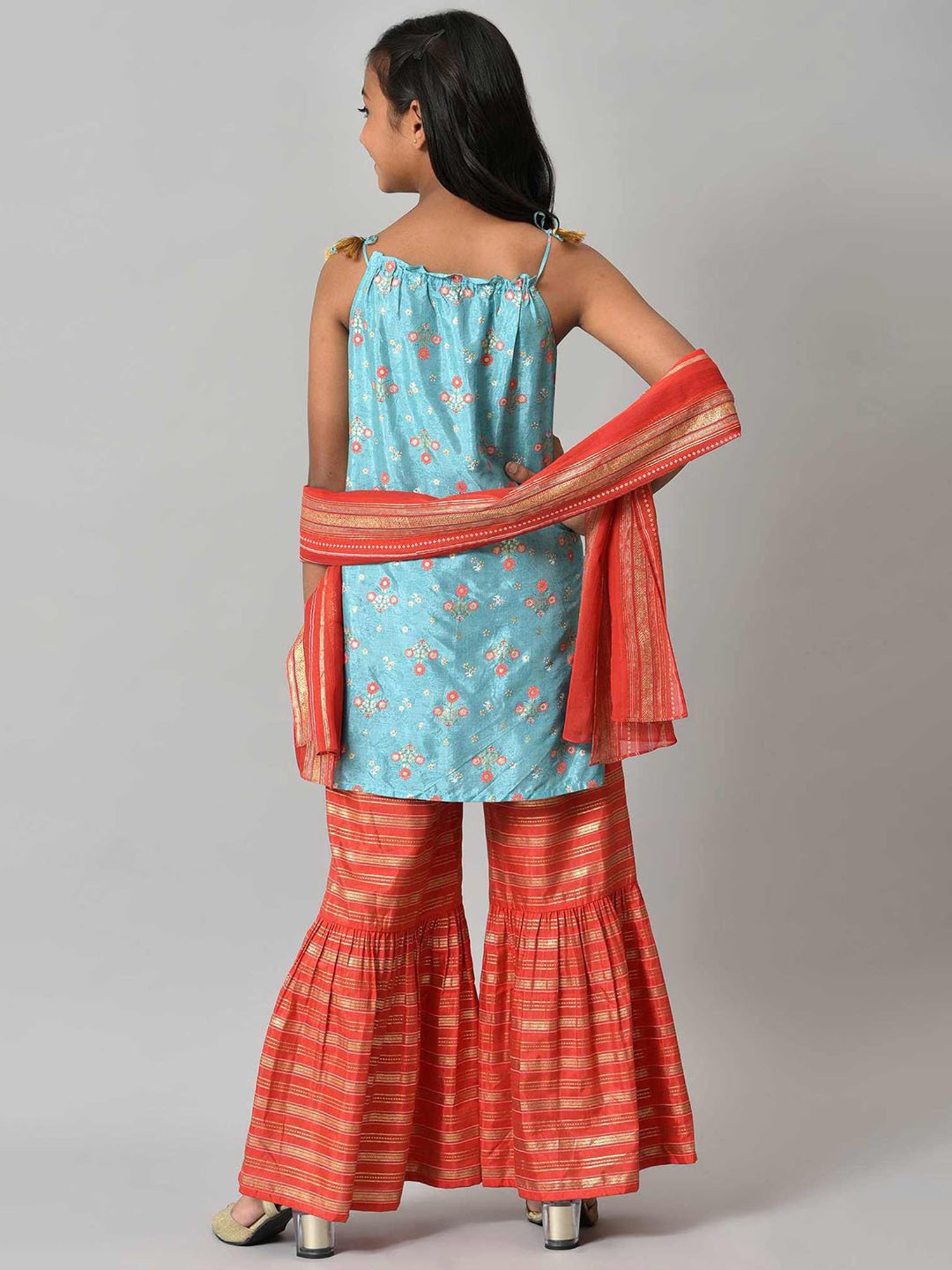 Aurelia Kids Aqua Blue & Red Floral Print Kurta, Plazzos with Dupatta