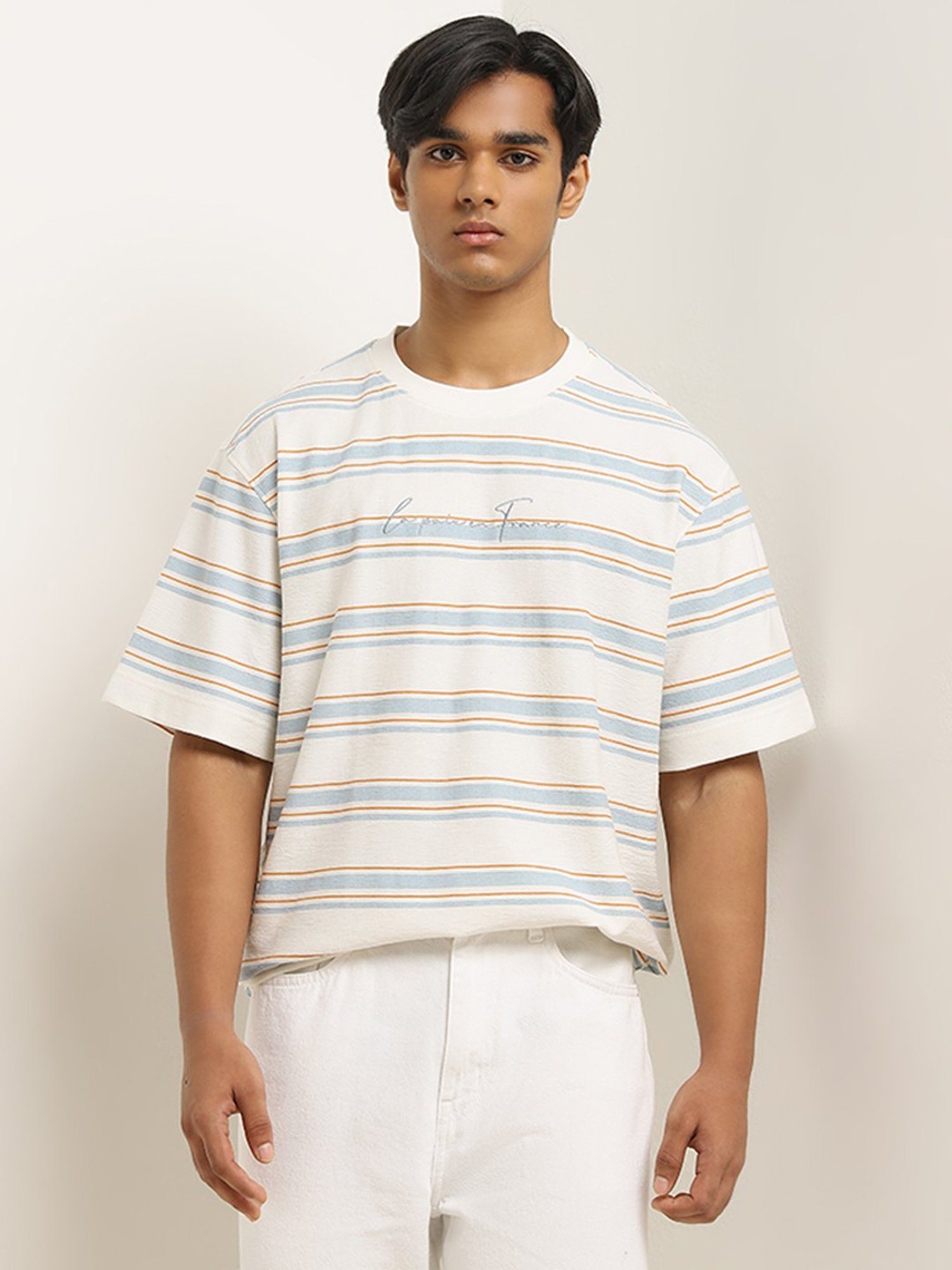 Nuon by Westside Blue Stripe Printed Relaxed-Fit T-Shirt