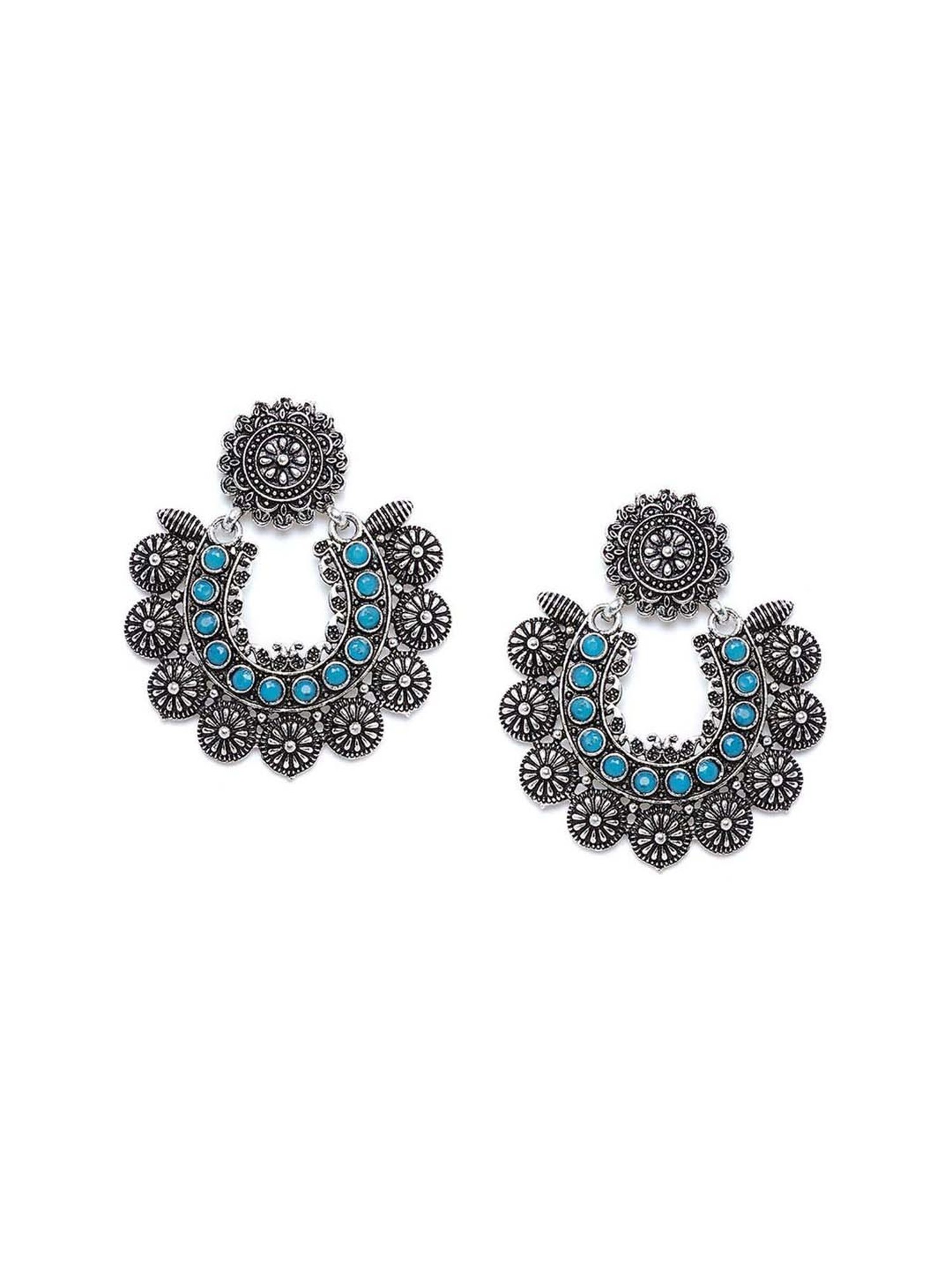 Panash Silver-Plated and Turquoise Oxidised Chand Bali Earrings