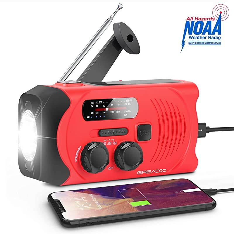 Hand Crank Radio Weather Solar NOAA Radio with AMFM Bright Flashlight SOS Alarm and 2000mAh Power Bank for and Outdoor Activies Red