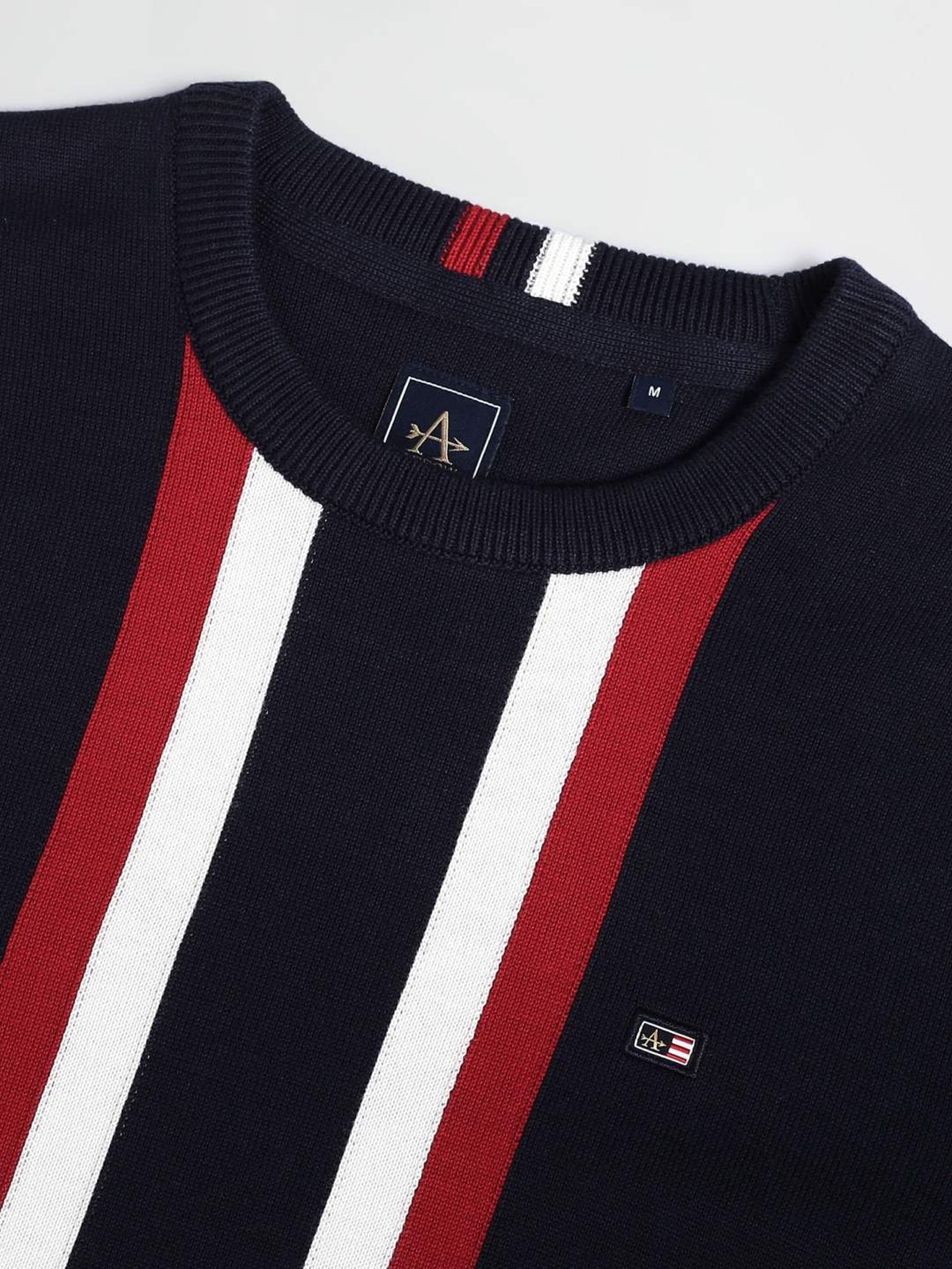 Arrow Sport Navy Cotton Regular Fit Striped Sweater