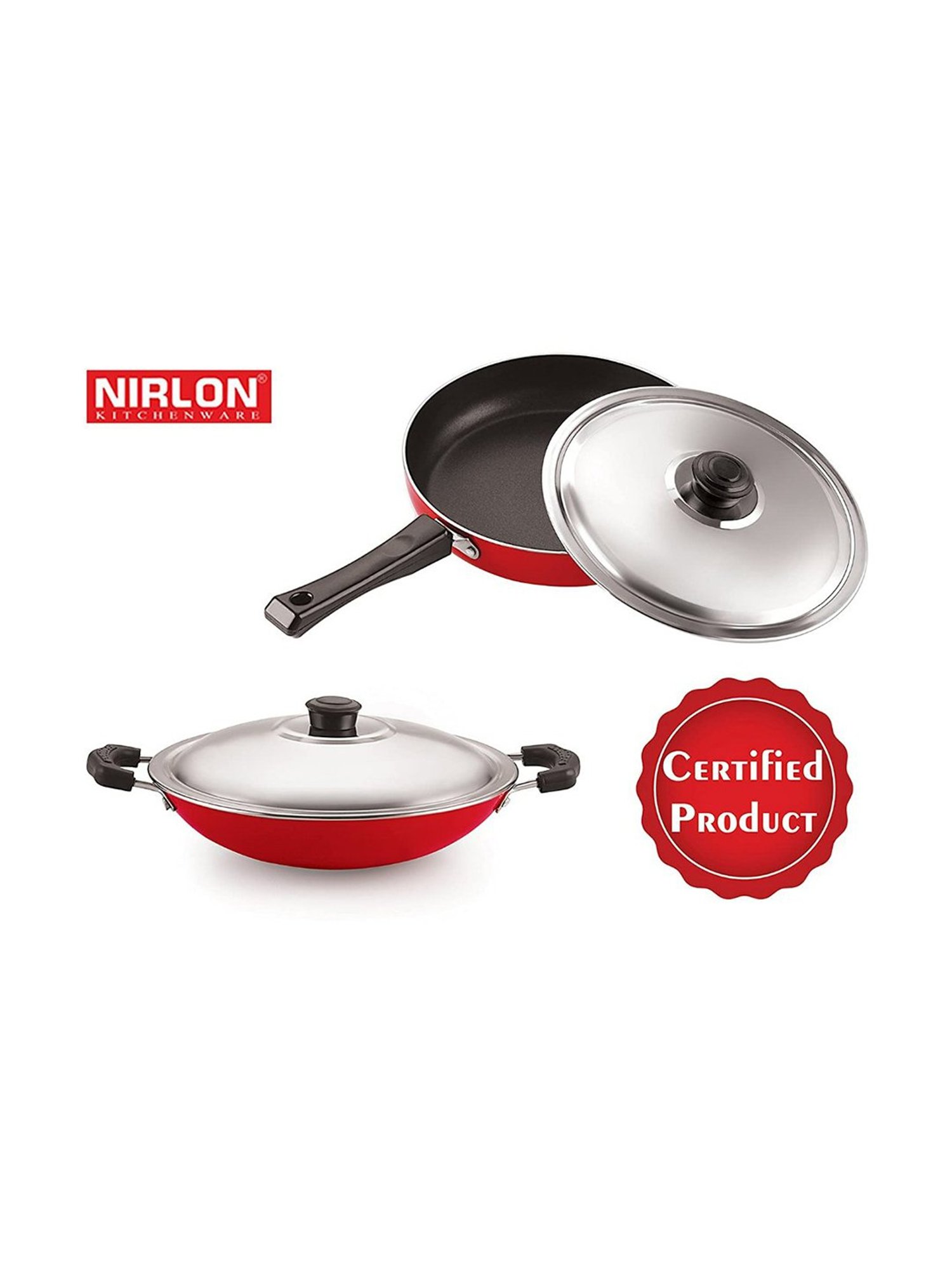 Nirlon Red Aluminium Non-Stick Coating Fry Pan & AppaChatti With Lid