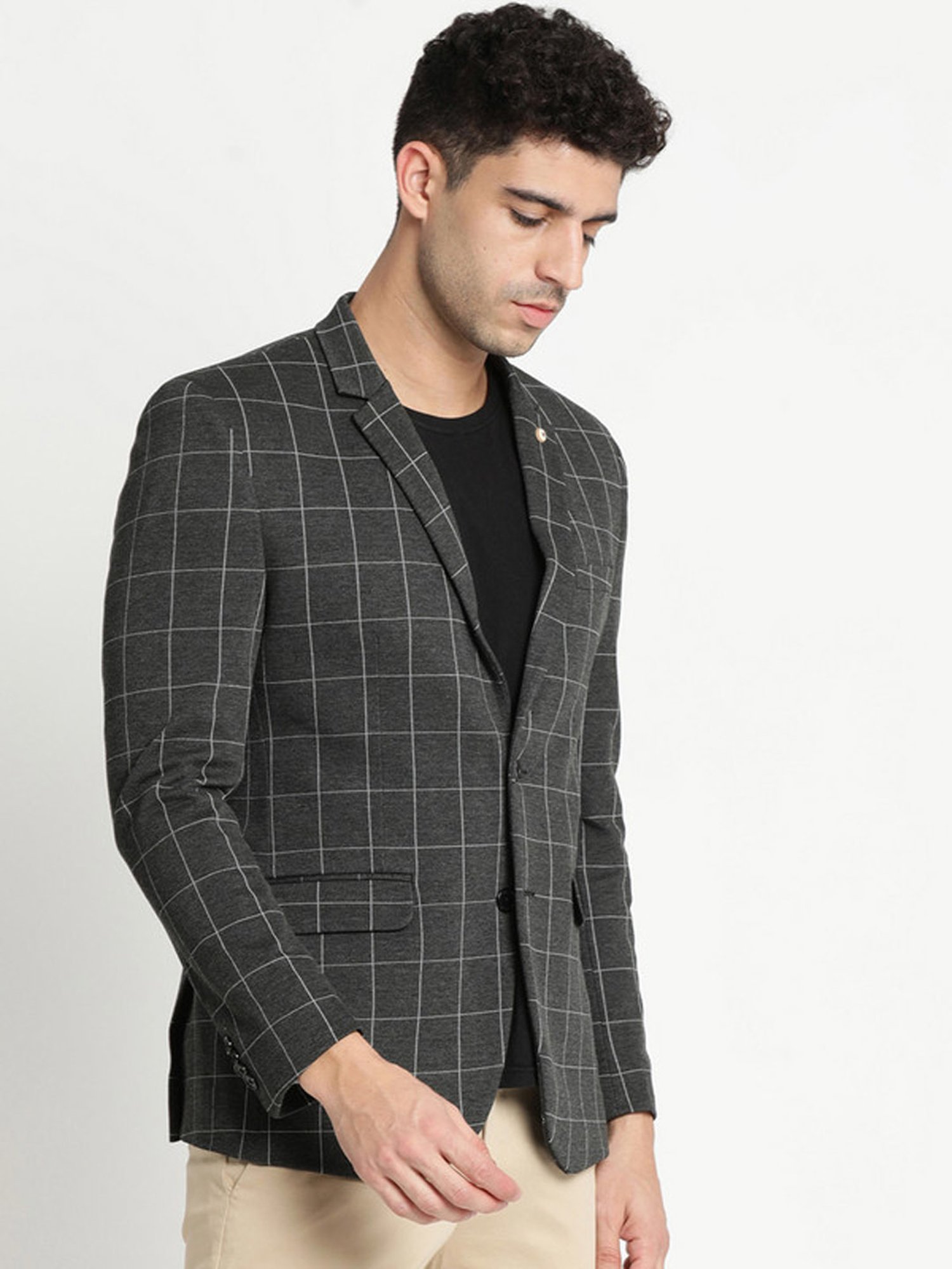 Turtle Grey Slim Fit Checks Blazer