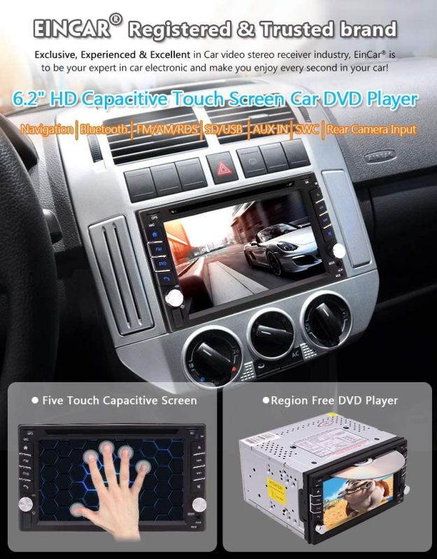 EINCAR Double DIN Car Stereo GPS Navigation Car DVD CD Player in Dash Bluetooth Head Unit with Capacitive Touchscreen AM FM RDS Autoradio 2 DIN Car Radio Receiver Audio Video USB Map Card+Rear Camera