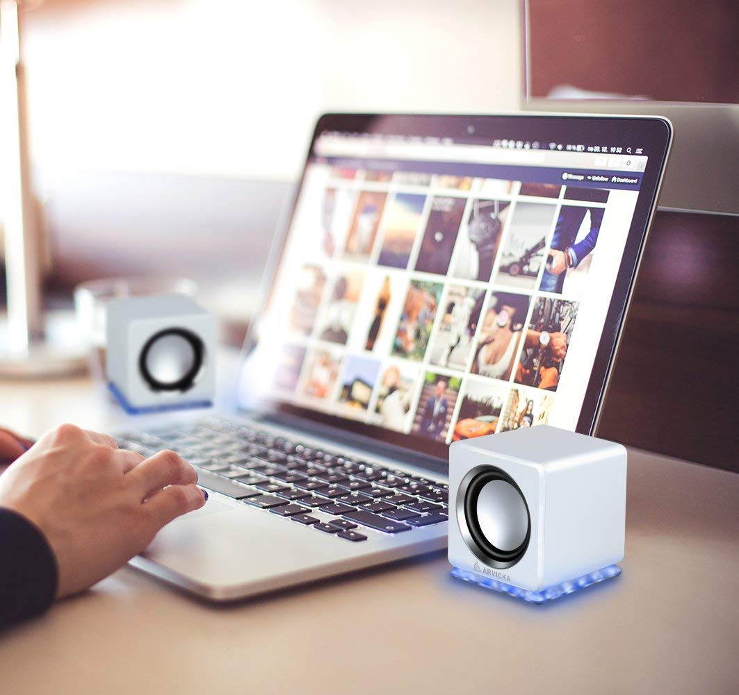ARVICKA Blue LED USB Speakers- Wired Laptop Speakers 2.0 Channel Small Computer Desktop Speakers for PC, Echo Dot, Updated Version, White