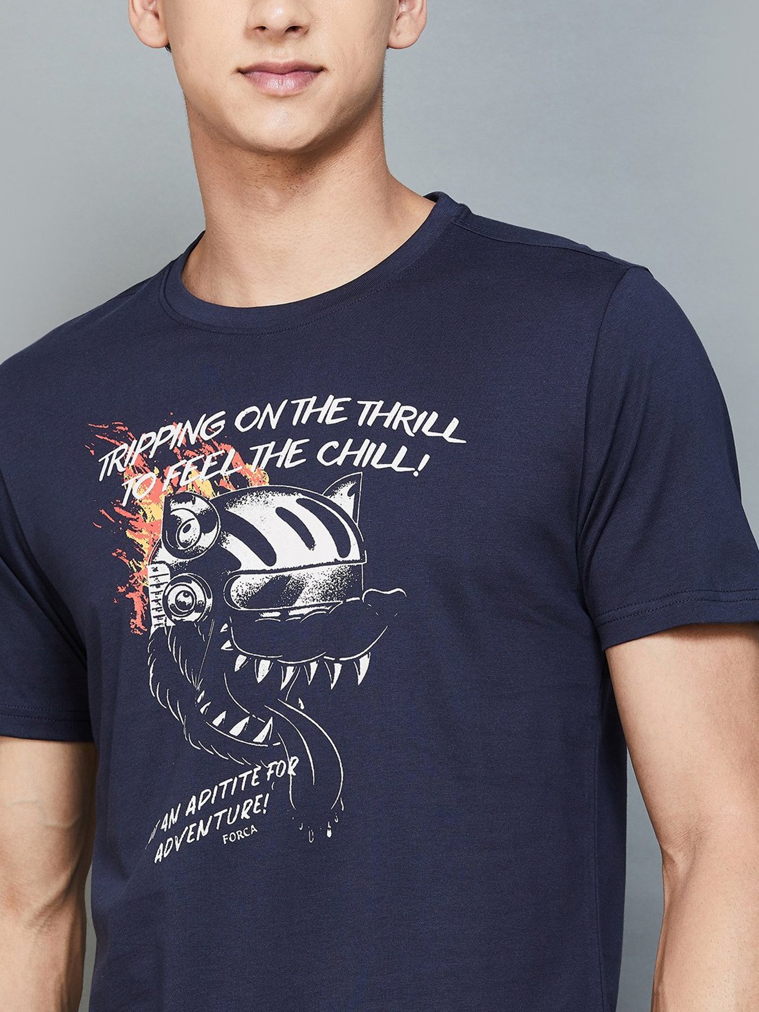Forca by Lifestyle Navy Regular Fit Graphic Print Crew T-Shirt