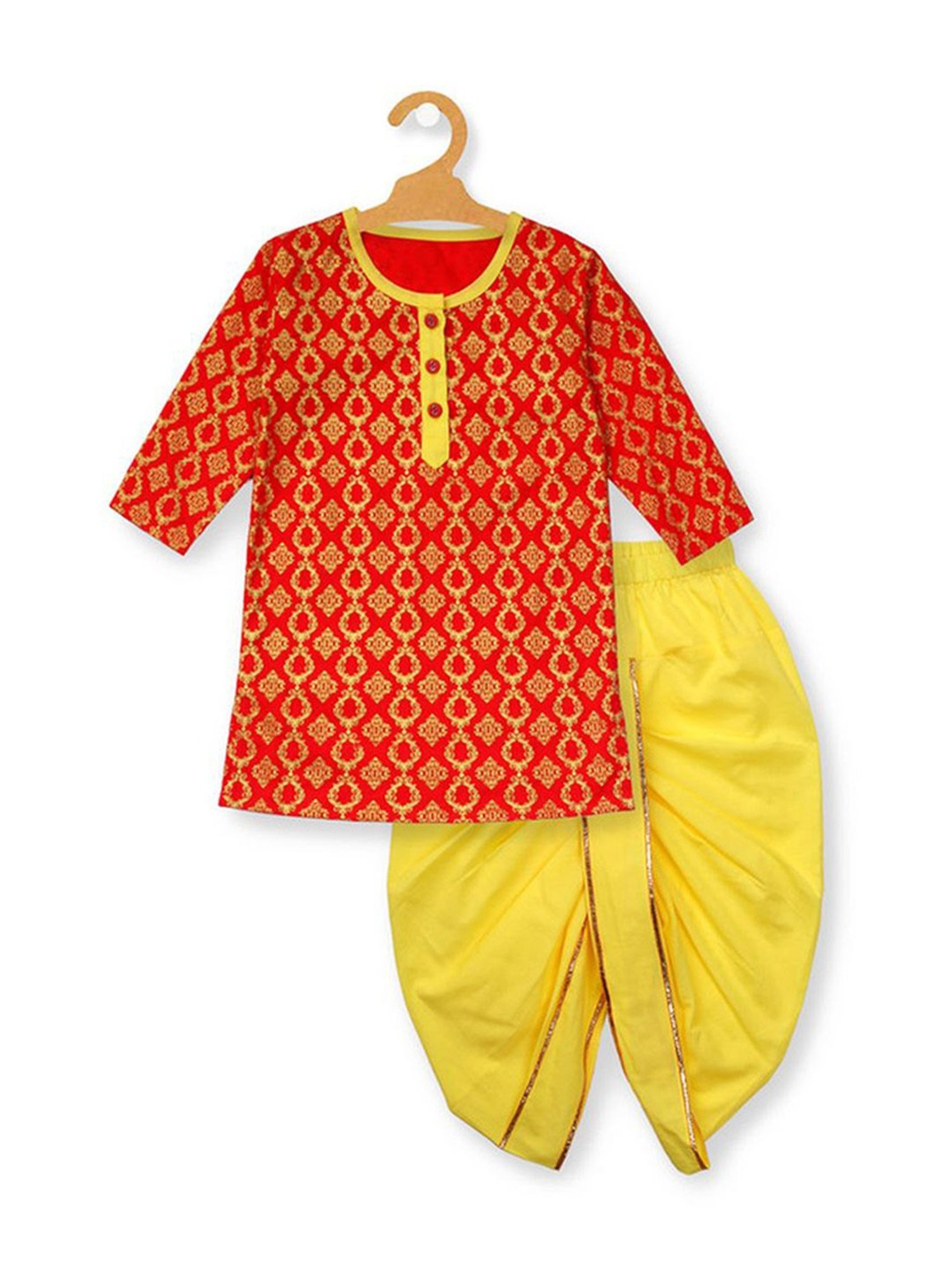 Pranava organics Kids Red & Yellow Printed Full Sleeves Kurta Set