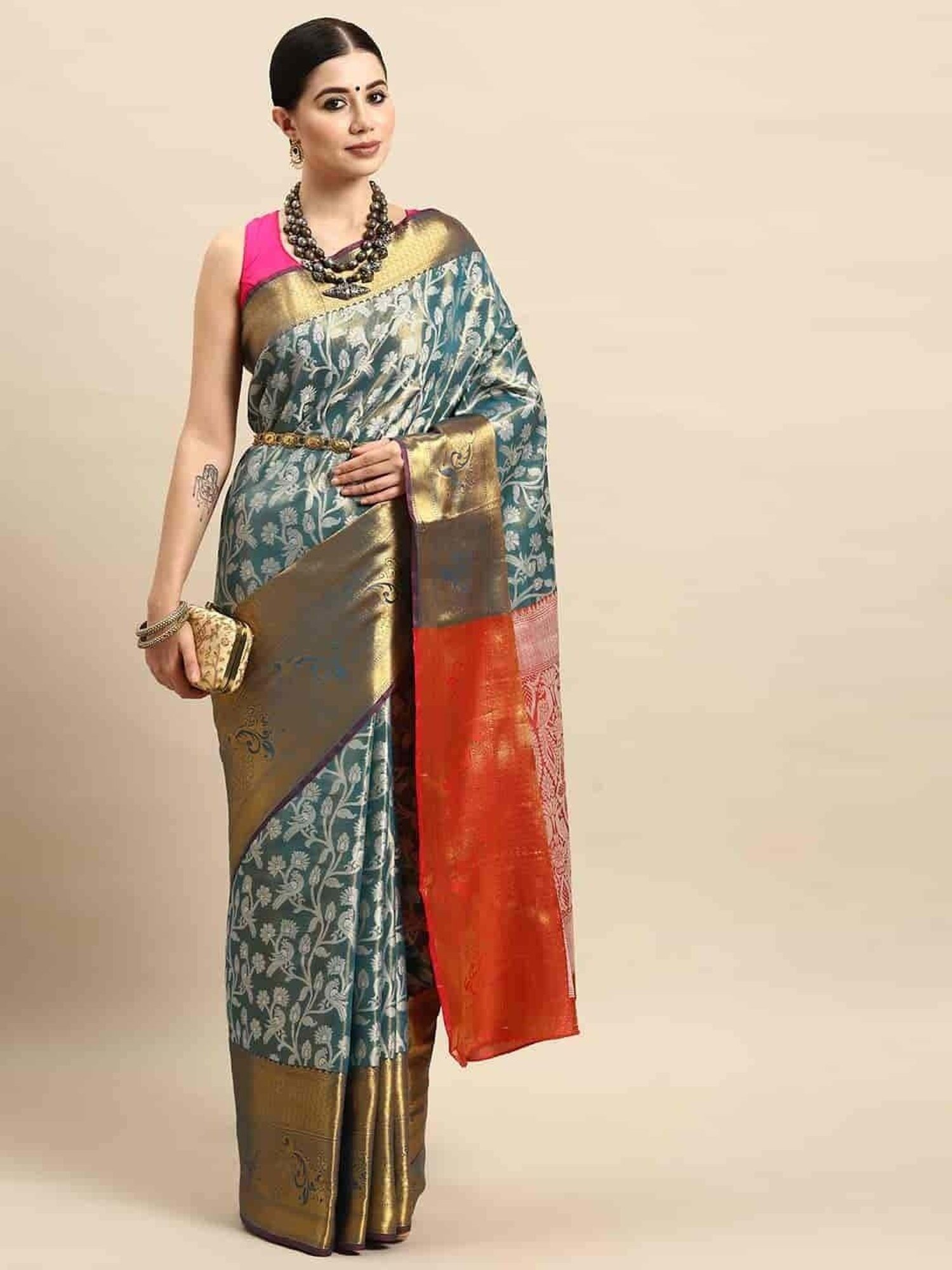 Silk Land Teal Blue Woven Saree With Unstitched Blouse