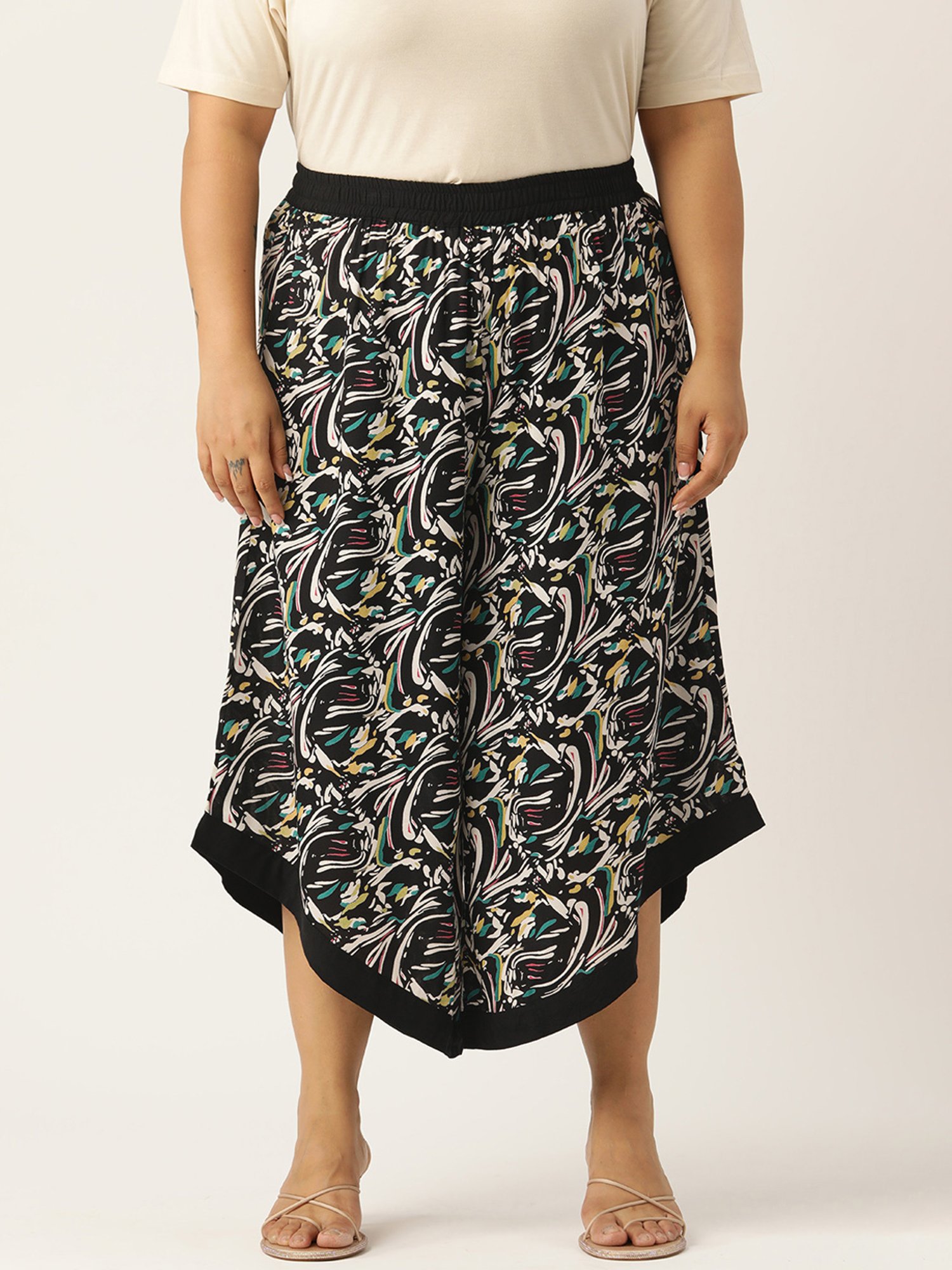 theRebelinme Black Printed Relaxed Fit High Rise Plus Size Culottes