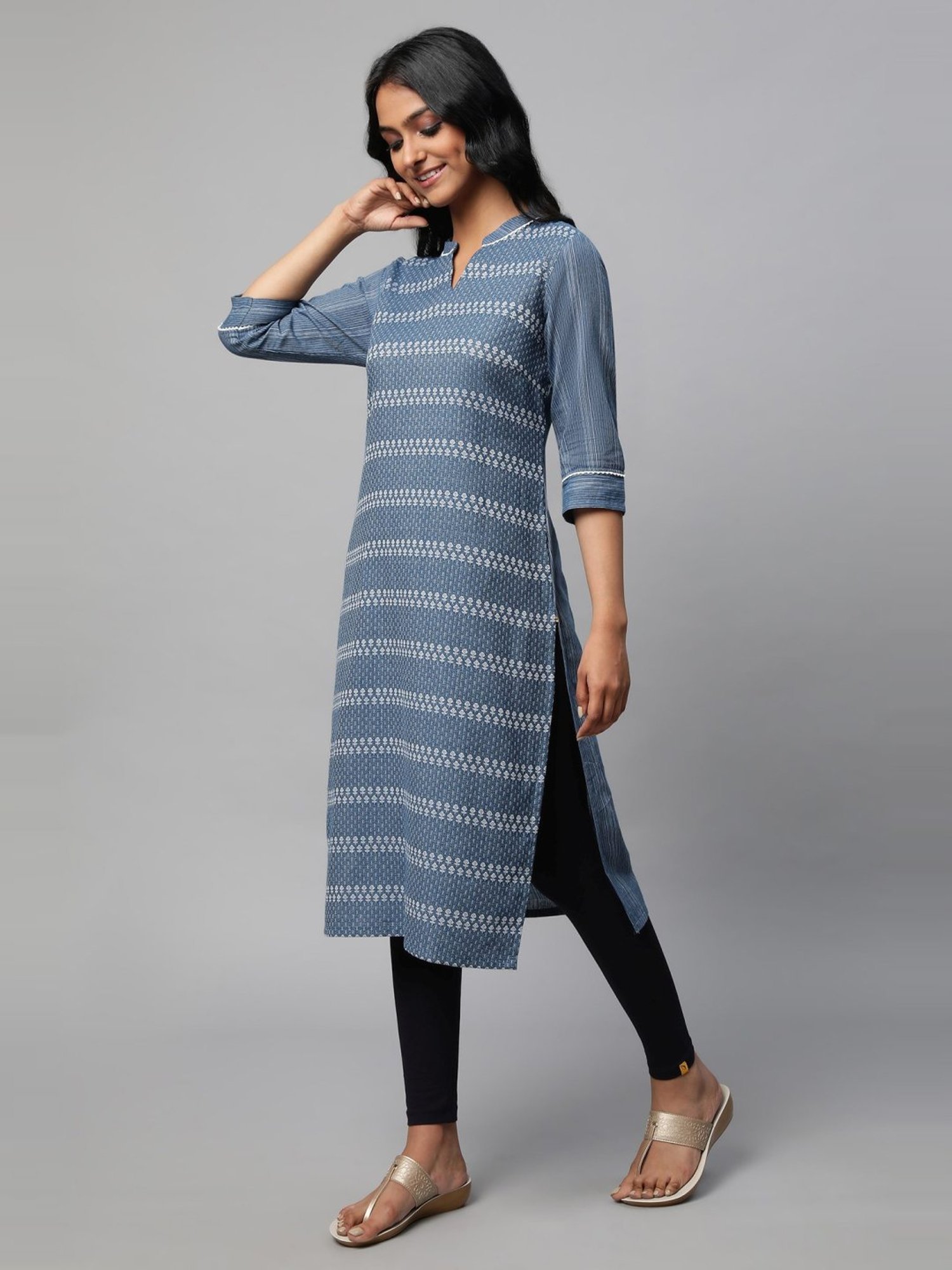 Aurelia Blue & Black Cotton Embroidered Kurta Pant Set