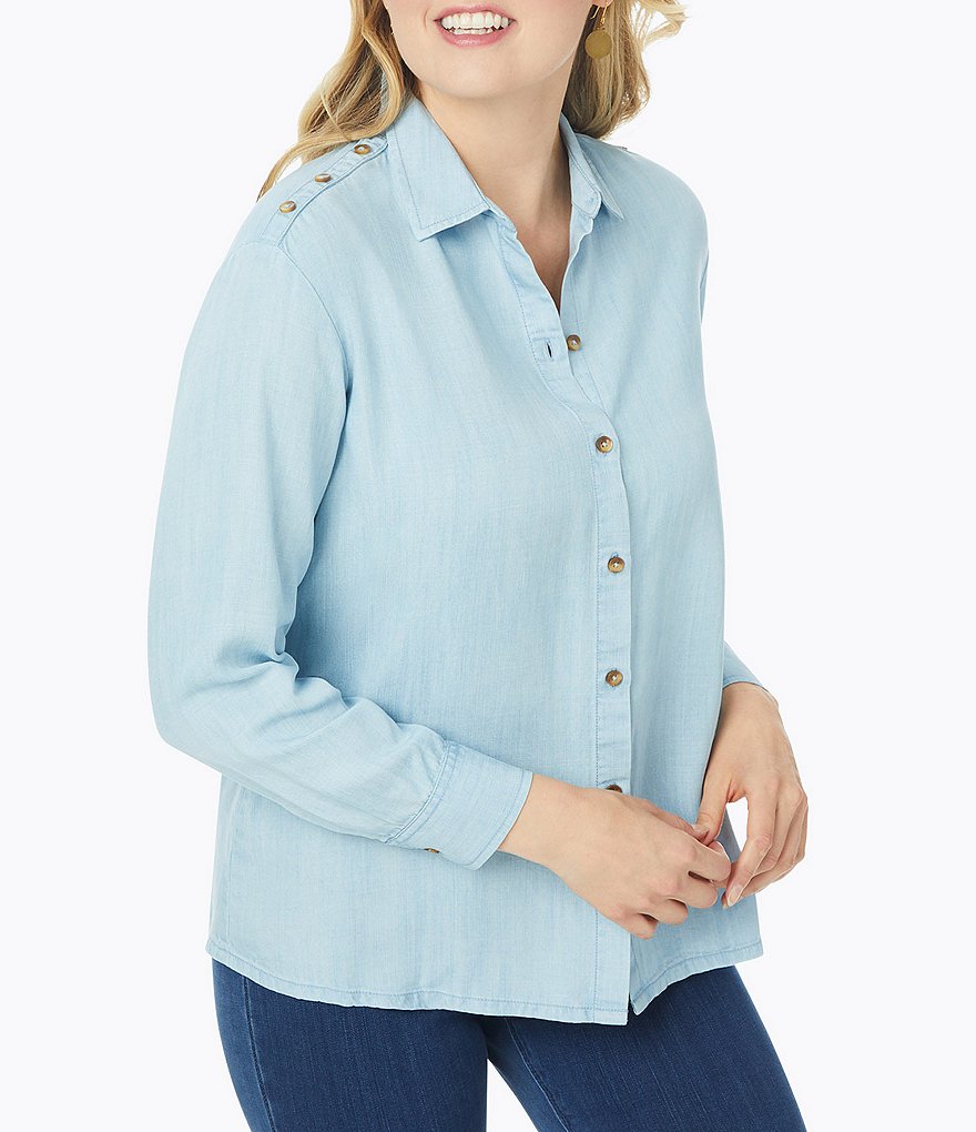 Foxcroft Plus Size Brynn Button Shoulder Tab Detail Button Front Point Collar Neck Bracelet Long Sleeve Tencel Shirt