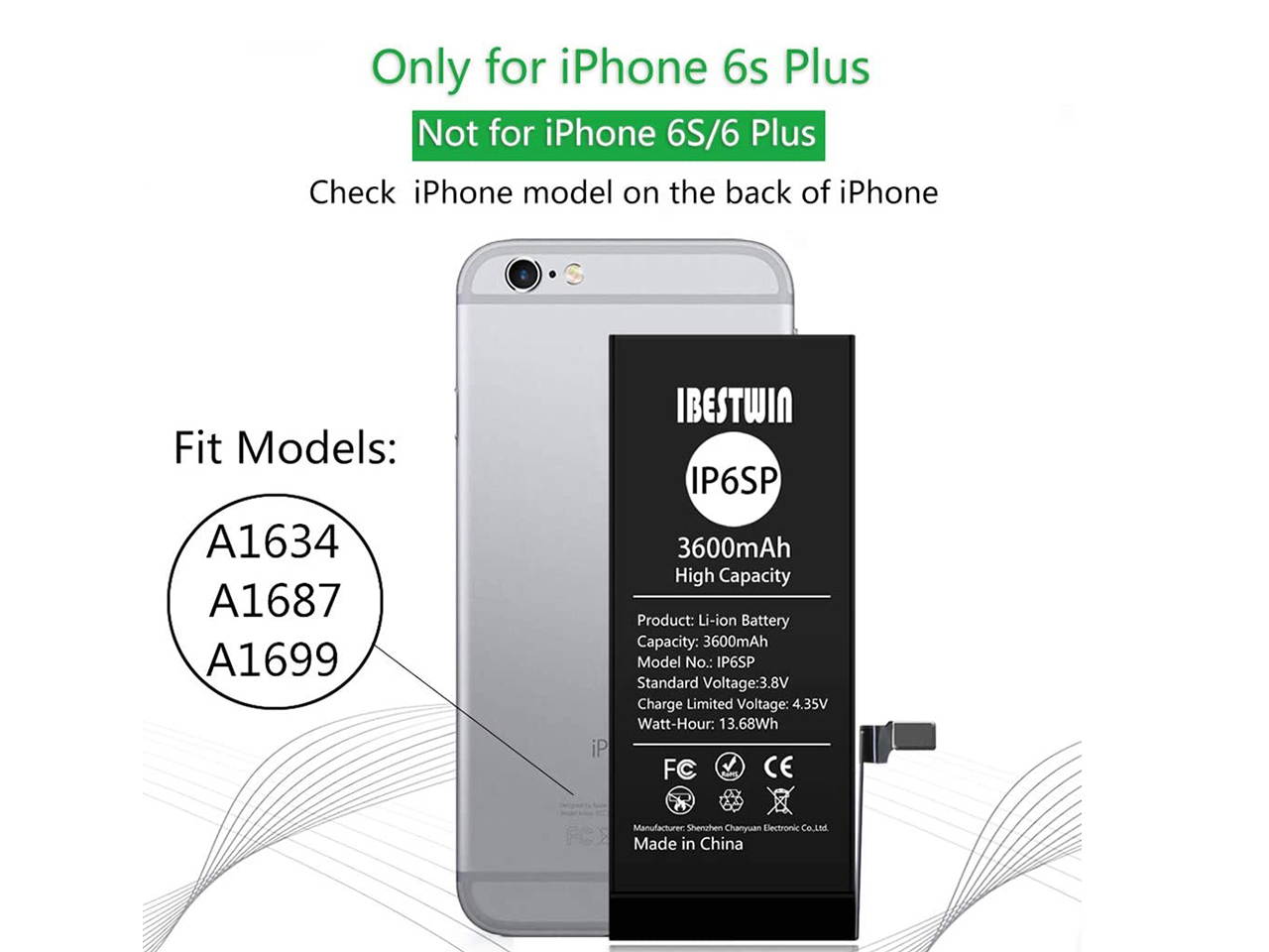 Battery for iPhone 6s Plus, IBESTWIN 3600mAh High Capacity Replacement Battery kit for iPhone 6s Plus with Full Remove Tool and Instruction, 0 Cycle