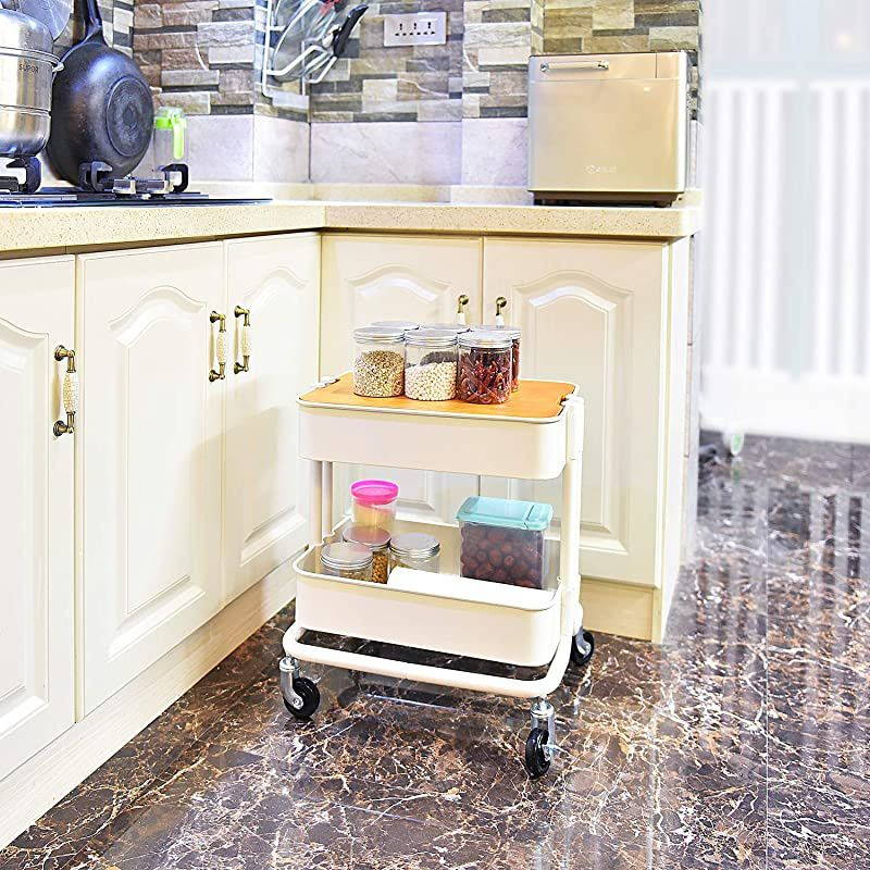 Metal Utility Rolling Cart Storage Side End Table with Cover Board for Office Home Kitchen Organization, Cream White