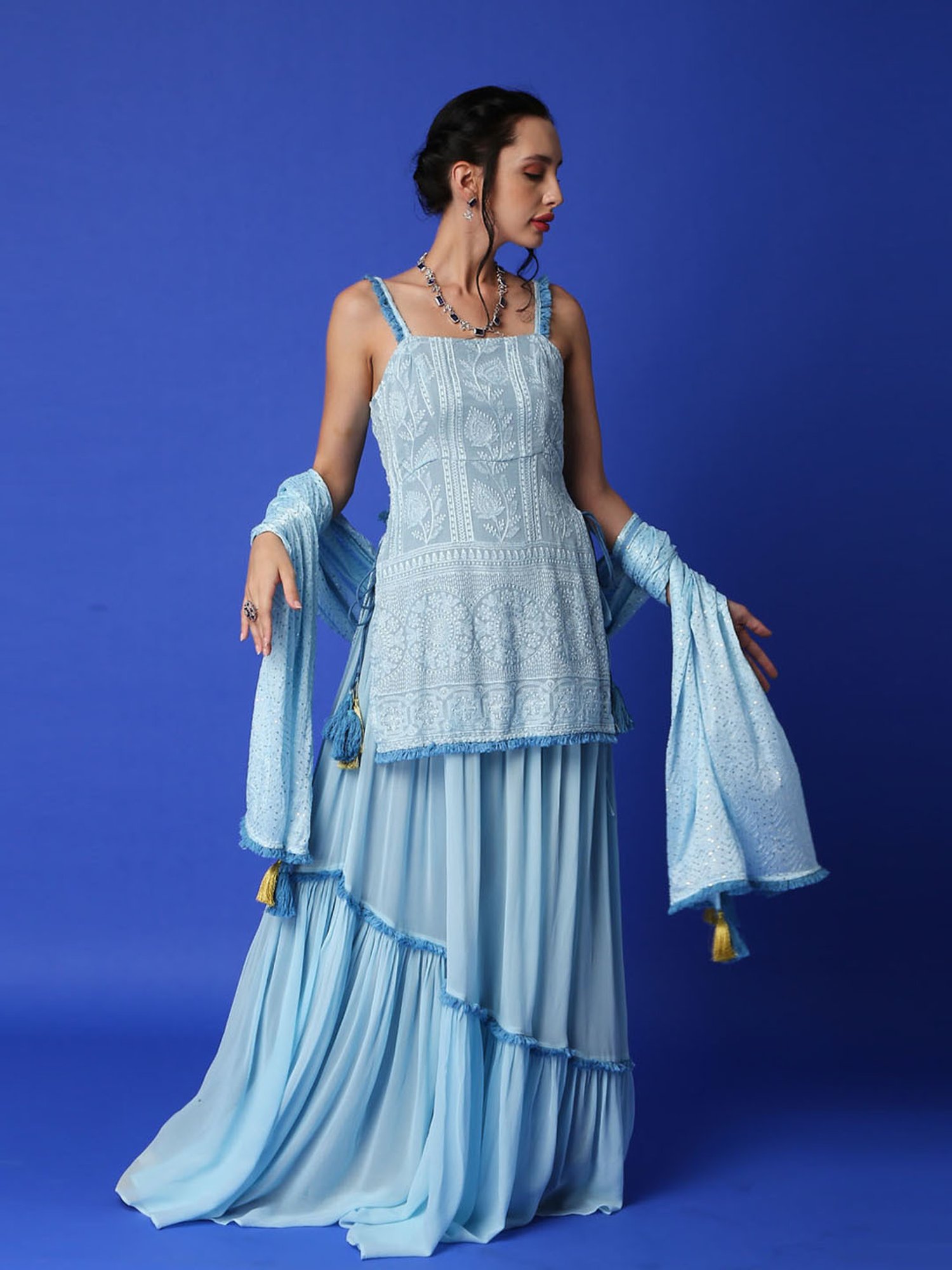 Monk and Mei Sharmila Chikanakari Kurta- Ice Blue