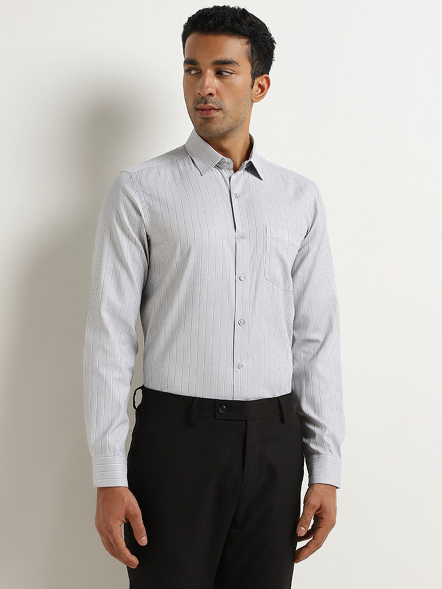 WES Formals by Westside Grey Pinstripe Design Slim-Fit Shirt
