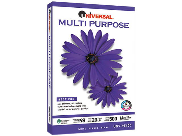 Universal Multipurpose Paper, 98 Brightness, 20lb, 8-1/2x14, Bright White, 5000 Shts/Ctn