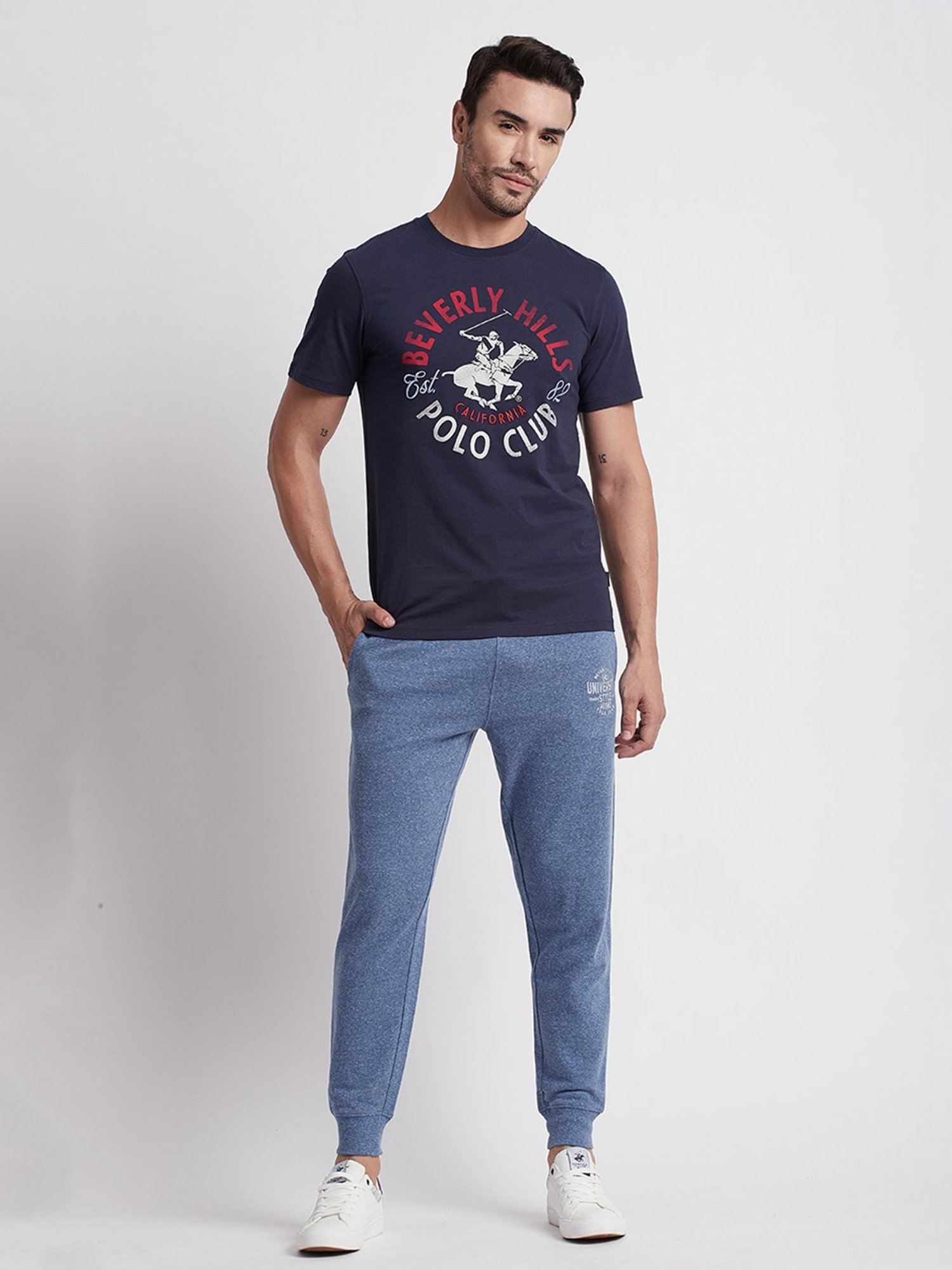 Beverly Hills Polo Club Navy Regular Fit Printed Cotton Crew T-Shirt