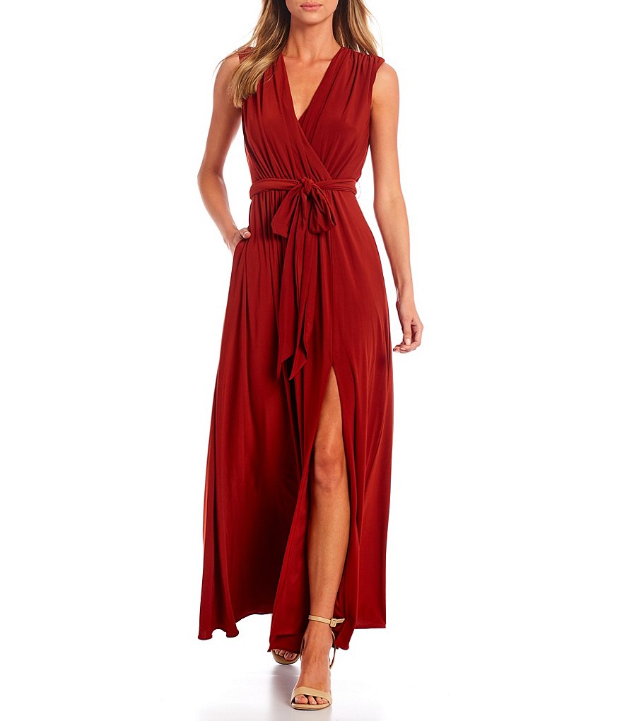 Betsy & Adam V-Neck Sleeveless Pocketed Tie Waist Jersey Knit Gown
