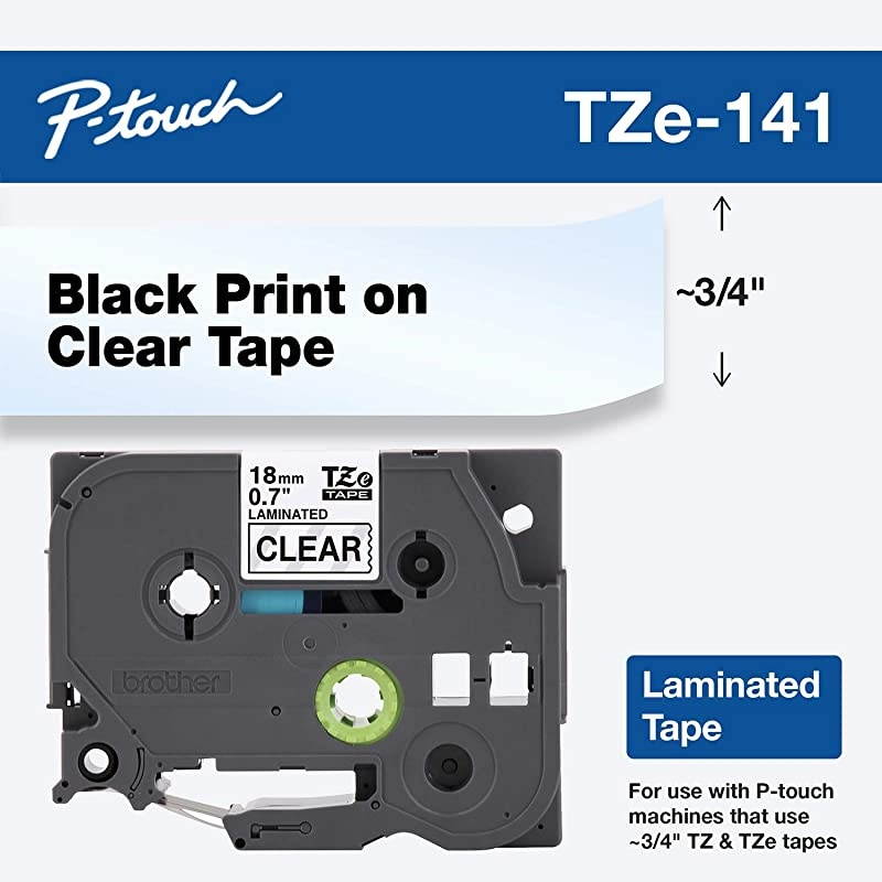 Genuine P-Touch TZE-141 Tape, 3/4" (0.7") Standard Laminated P-Touch Tape, Black on Clear, Laminated for Indoor or Outdoor Use, Water-Resistant, 26.2 ft (8 m), Single-Pack