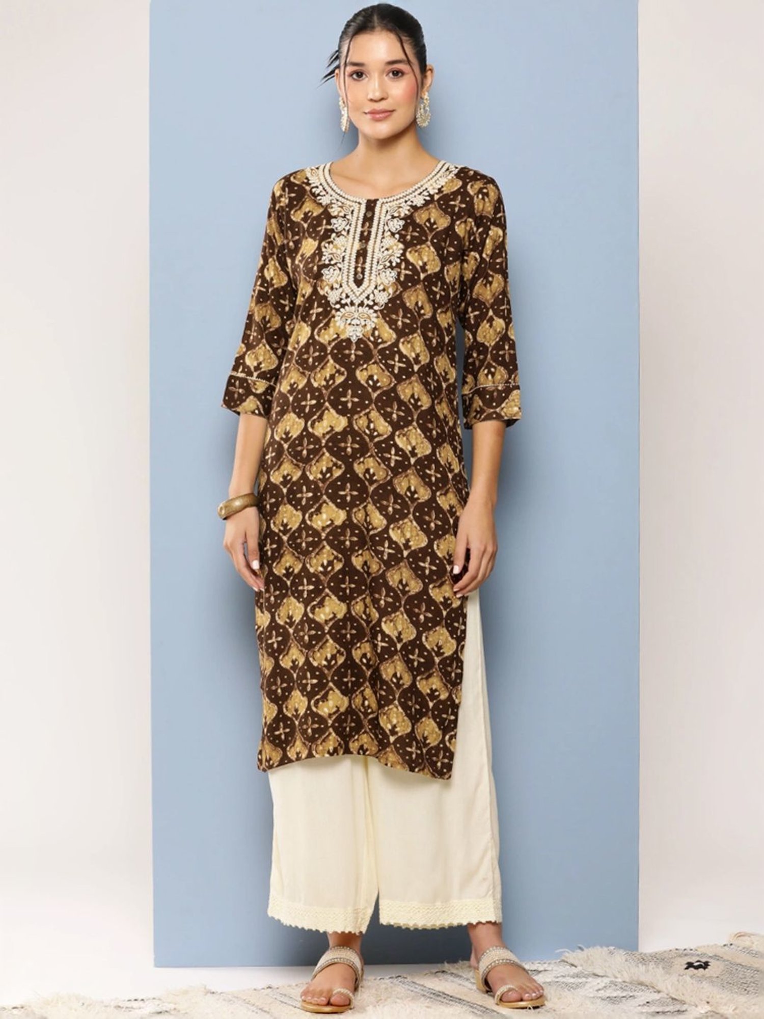 Aarika Brown Cotton Embroidered Straight Kurta