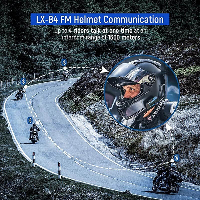 1pc LX-B4FM Motorcycle Intercom, Universal Helmet Communication System up to 4 Riders, Waterproof Motorcycle Bluetooth Headset with 1600m Range for Snowmobile Off-Road