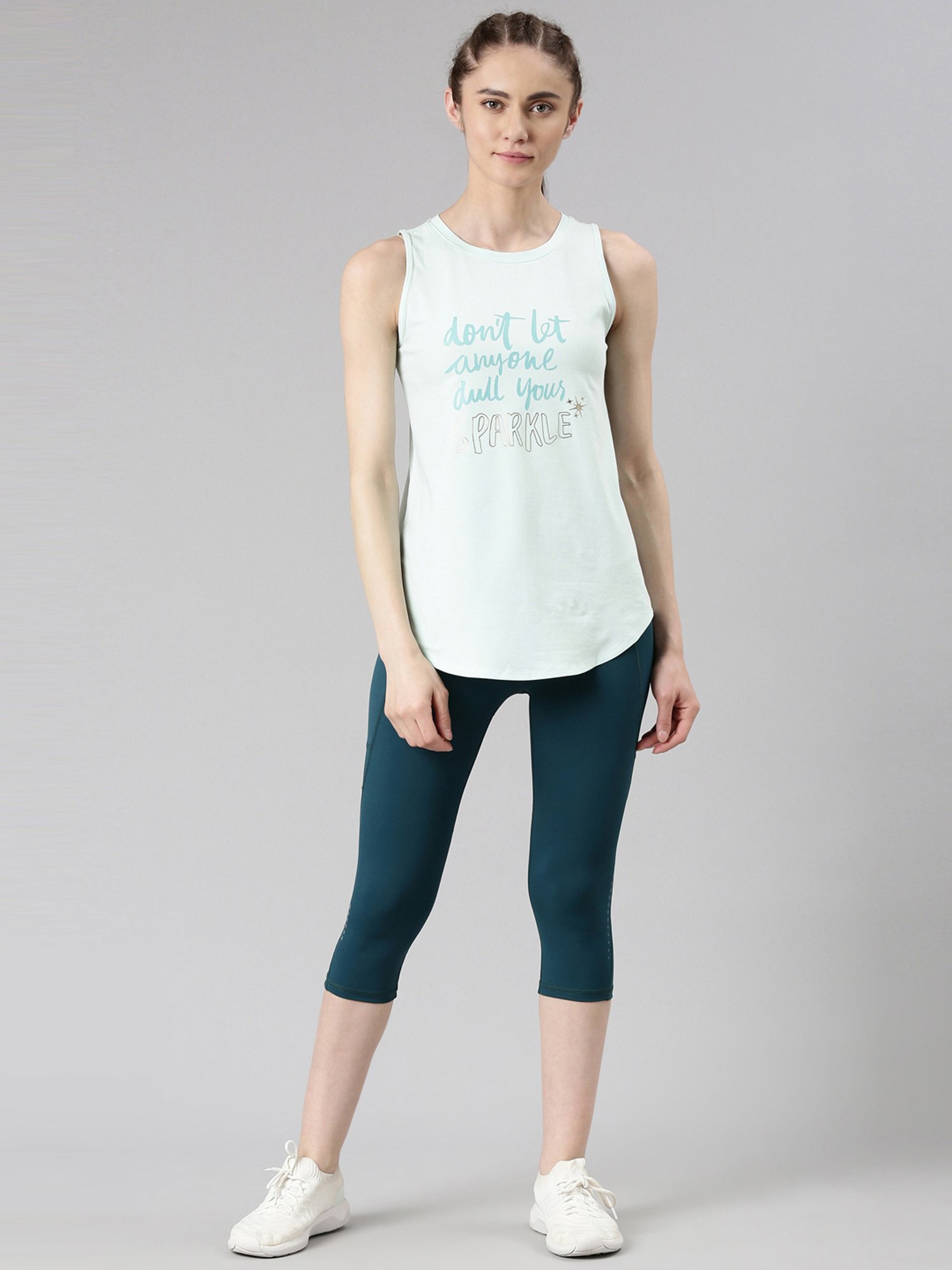 Enamor Blue Cotton Graphic Print Tank Top