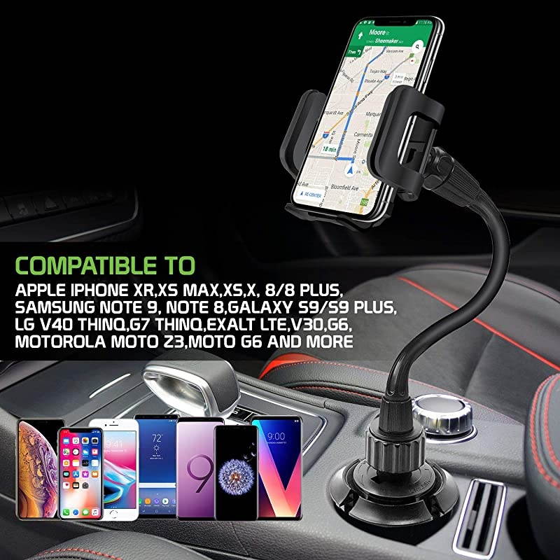 Universal Car Cup Holder Mount for Apple iPhone Xr Xs Max X 8 8 Plus 7+ Samsung Note 10 9 8 Galaxy S10 + S9 S9PLUS S8 S8 Plus LG G7 G6 V30 Q7+ Stylo 4 V35 Moto G6 X4 Extra Long GooseNeck