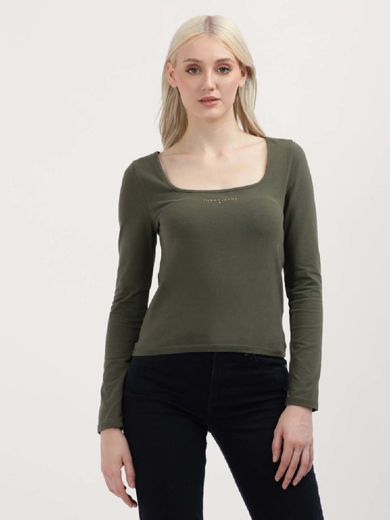 TOMMY HILFIGER Fatigue Green Cotton Logo Print Top