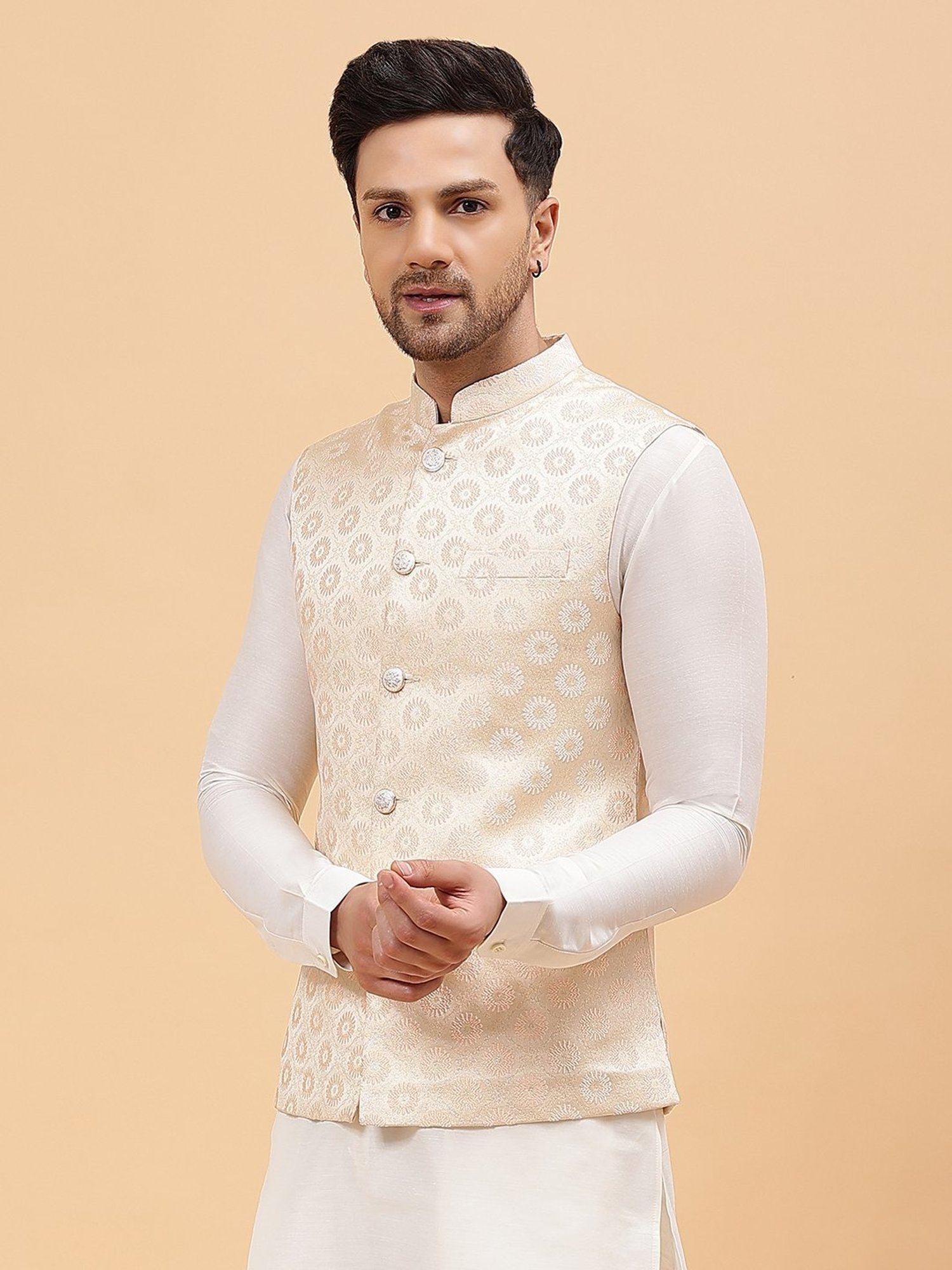 See Designs Gold Regular Fit Self Pattern Nehru Jacket