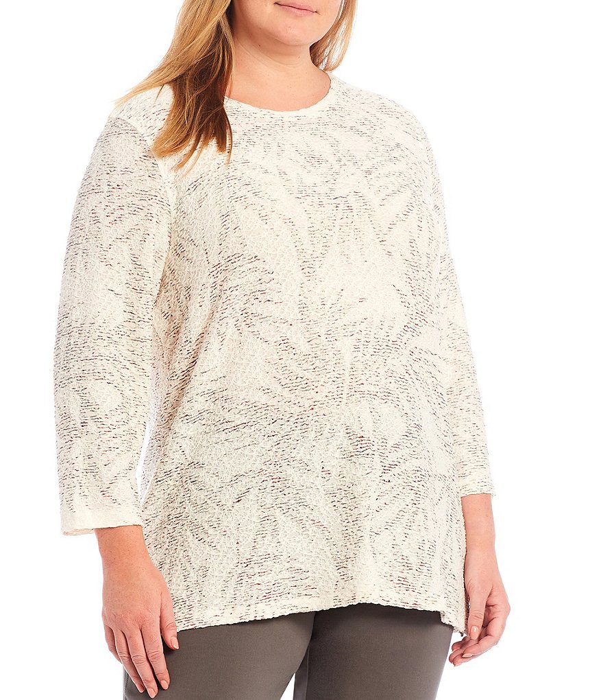 Multiples Plus Size Leaves Print Stripe Weave Knit Crew Neck 3/4 Sleeve Top