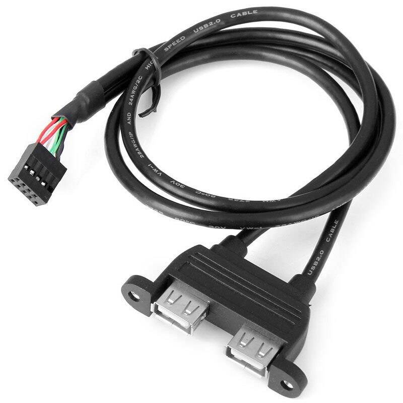 0.5M Dual USB2.0 A Type Female to Motherboard 9 Pin Black Header Cable with Screw Panel Holes