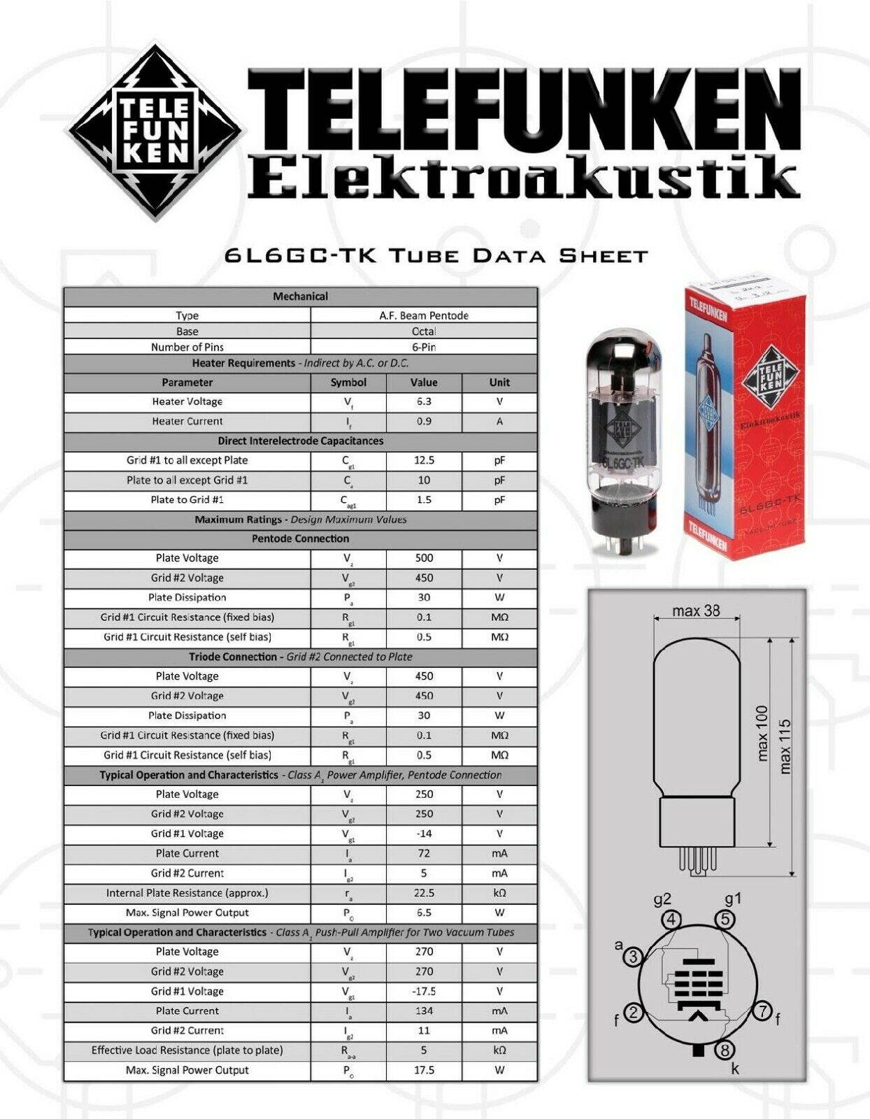 PAIR Telefunken Elektroakustik FACTORY MATCHED  6L6 6L6GC 6L6G-TK Black Diamond